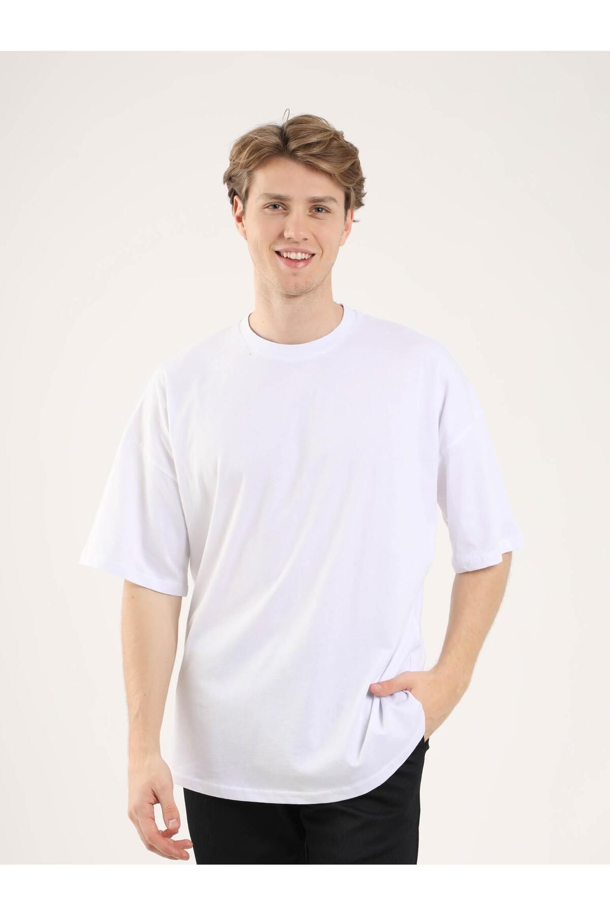 Dufy Beyaz Erkek Oversize Düz Pamuklu Bisiklet Yaka Tshirt - 89400