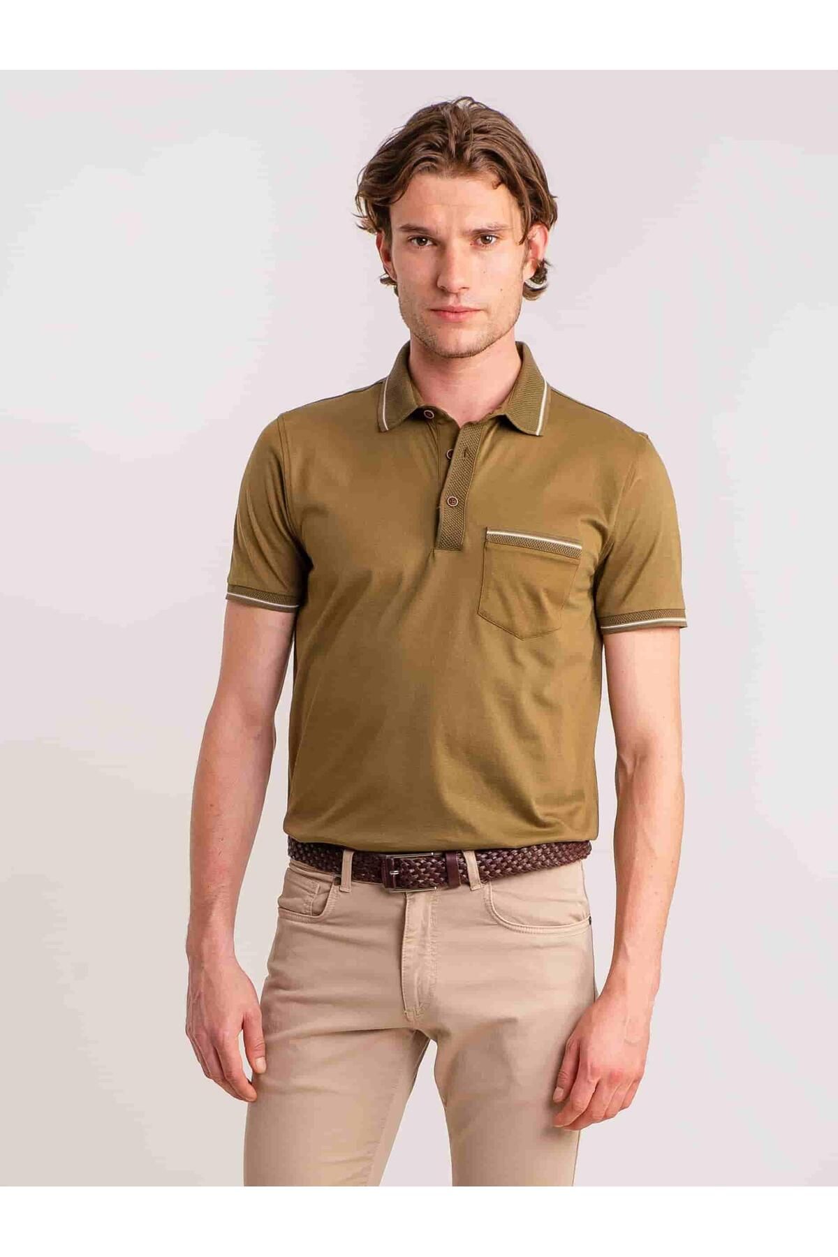 Dufy Haki Erkek Regular Fit Düz Casual Polo Yaka Tshirt - 54948