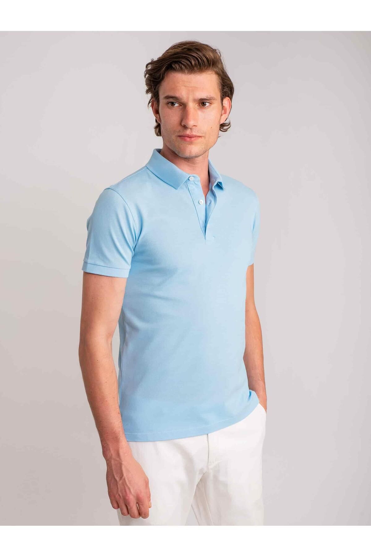 Dufy Açık Mavi Erkek Slim Fit Düz Casual Polo Yaka Tshirt - 49788