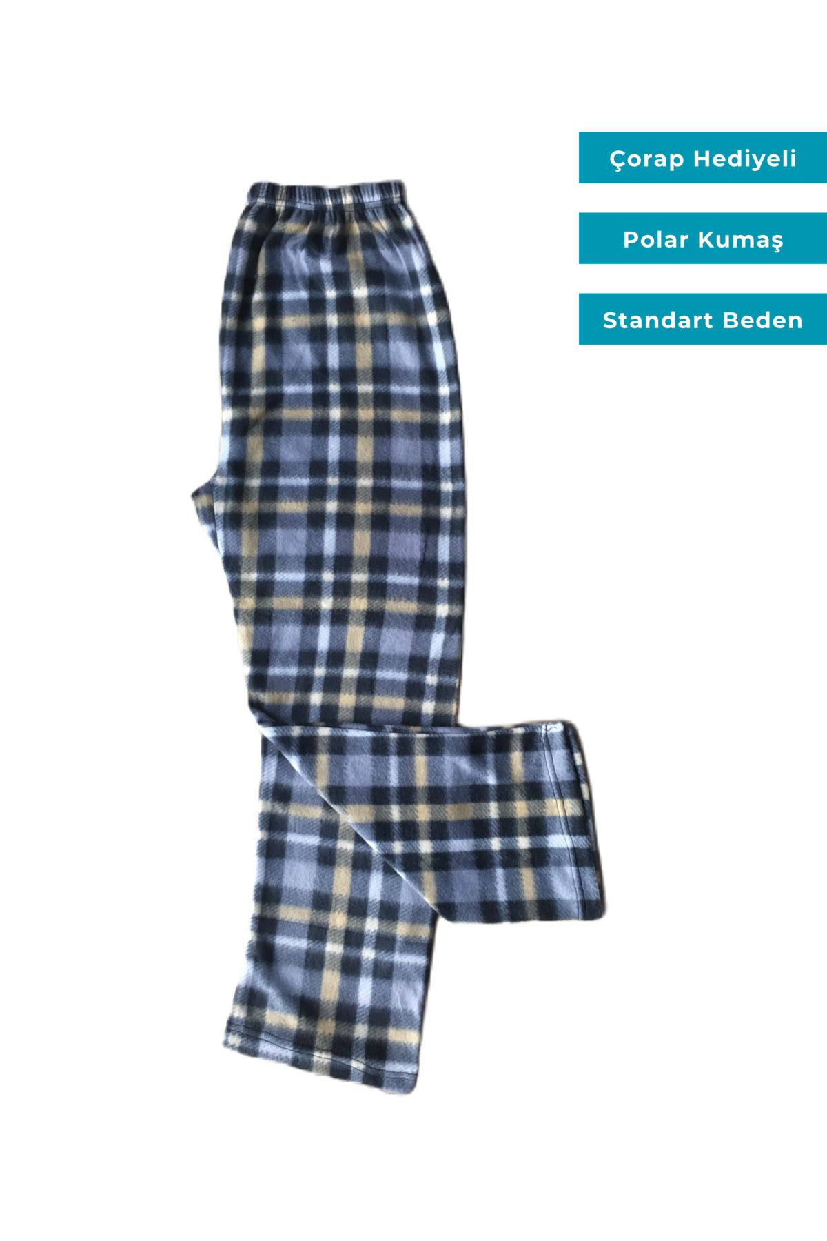 Ece Kadın Ekoseli Kareli Desenli Polar Pijama Alt Standart Battal Beden Çorap Hediyeli