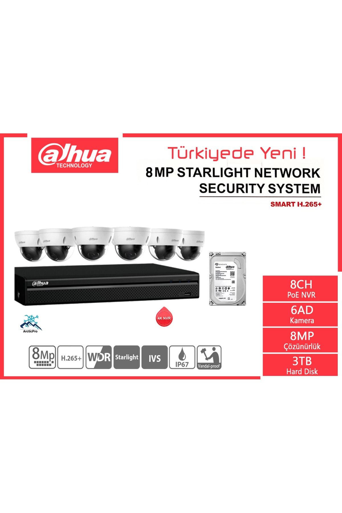 Dahua 8 Mp 4k (3840P × 2160P) Çözünürlüklü 6 Kameralı Ip Güvenlik Seti