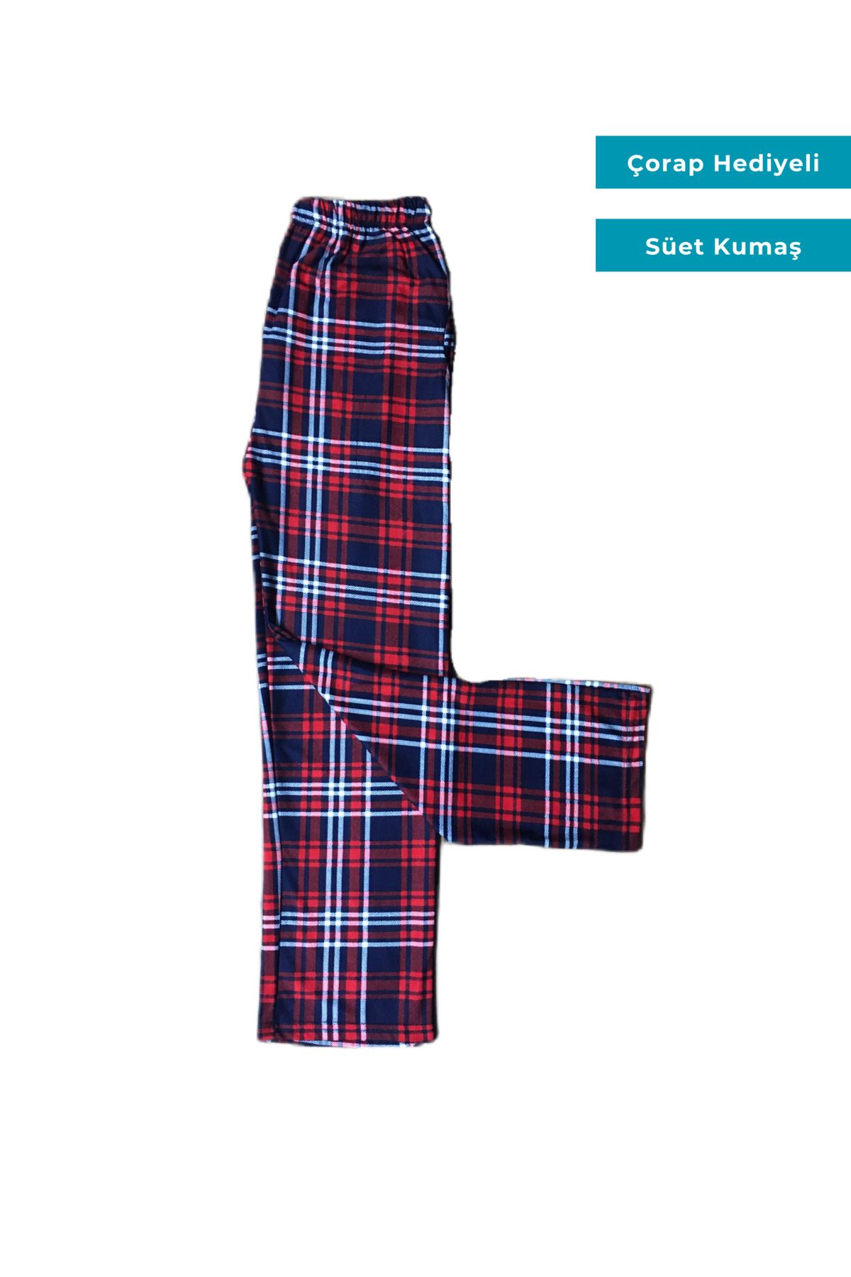 Ece Kadın Ekoseli Kareli Desenli Cepli Süet Kumaş Pijama Alt Çorap Hediyeli
