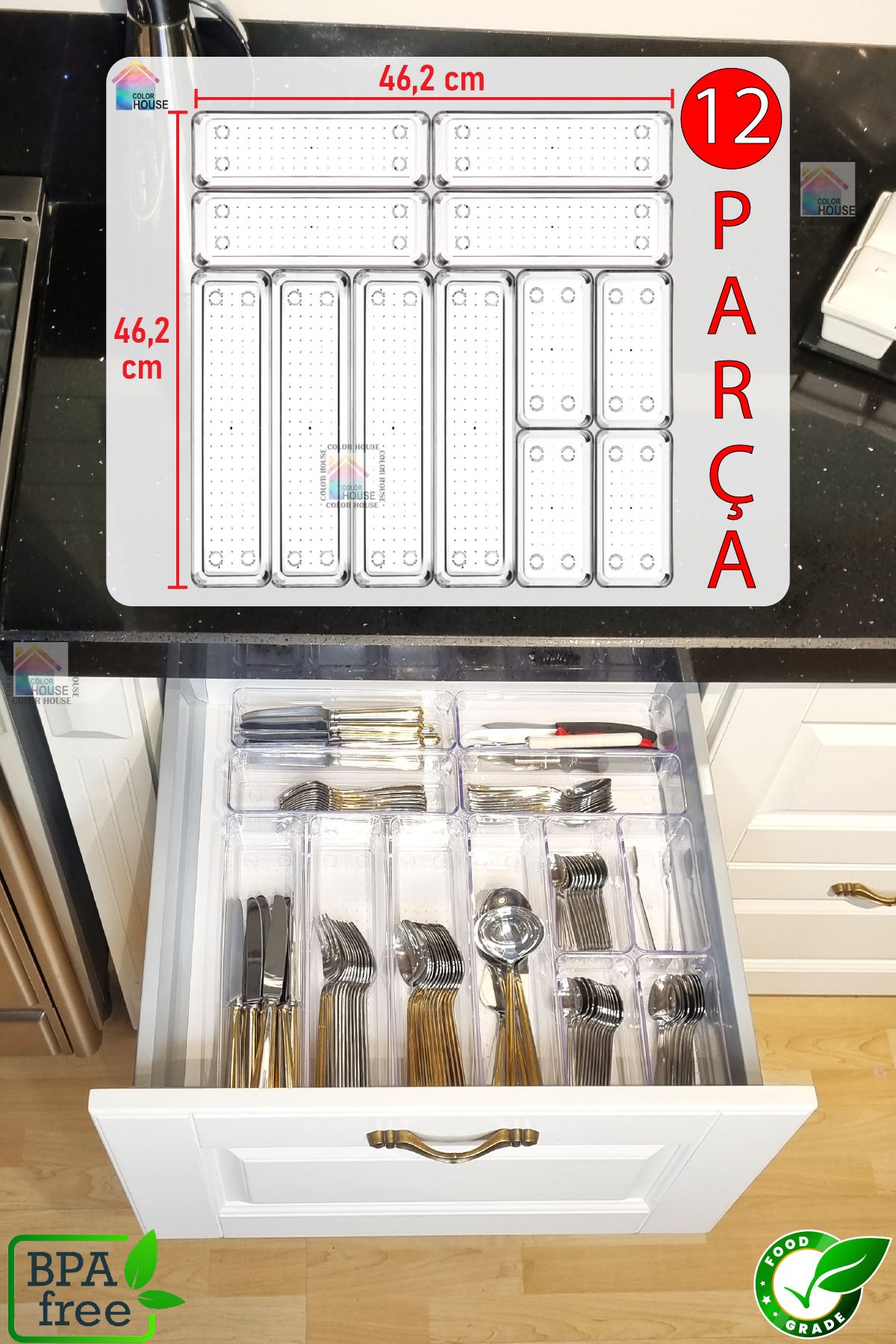 color house 12'li Set Modüler Kaşıklık Mutfak Çekmece İçi Modüler Organizer Şeffaf Clear Moduler Organizer