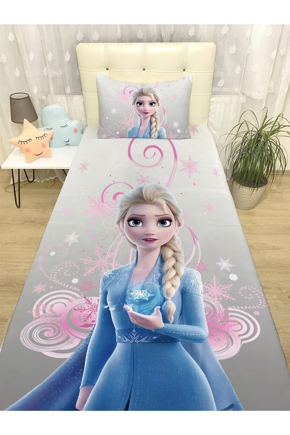 Rual Bebek& Çocuk OdasıGri Elsa Desenli Yatak Örtüsü Ve Yastık Kılıfı