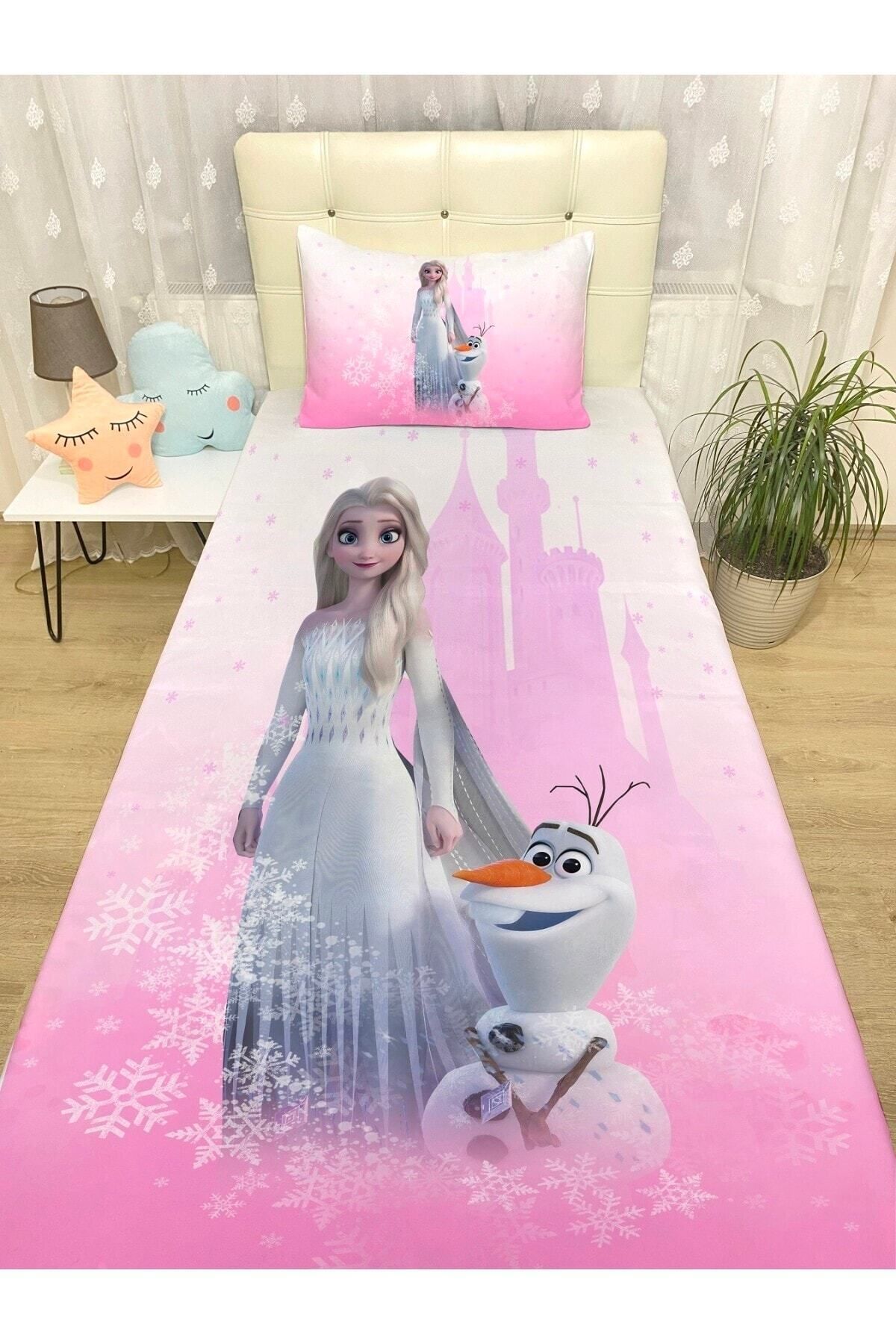 Rual Bebek& Çocuk OdasıPembe Rüya Kalesi Elsa Ve Olaf Desenli Yatak Örtüsü Ve Yastık Kılıfı