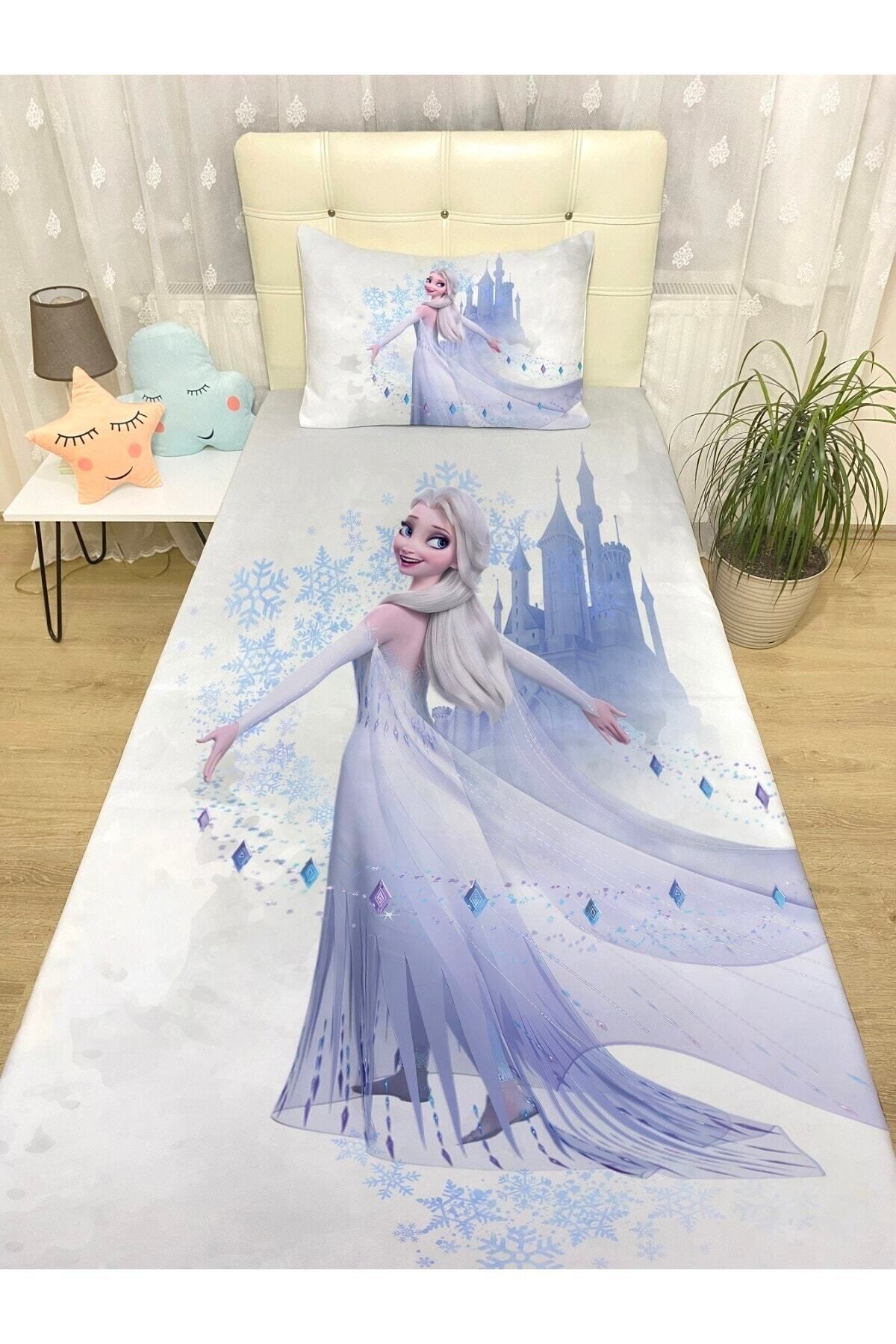 Rual Bebek& Çocuk OdasıMavi Rüya Kalesi Tül Elbiseli Elsa Desenli Yatak Örtüsü Ve Yastık Kılıfı