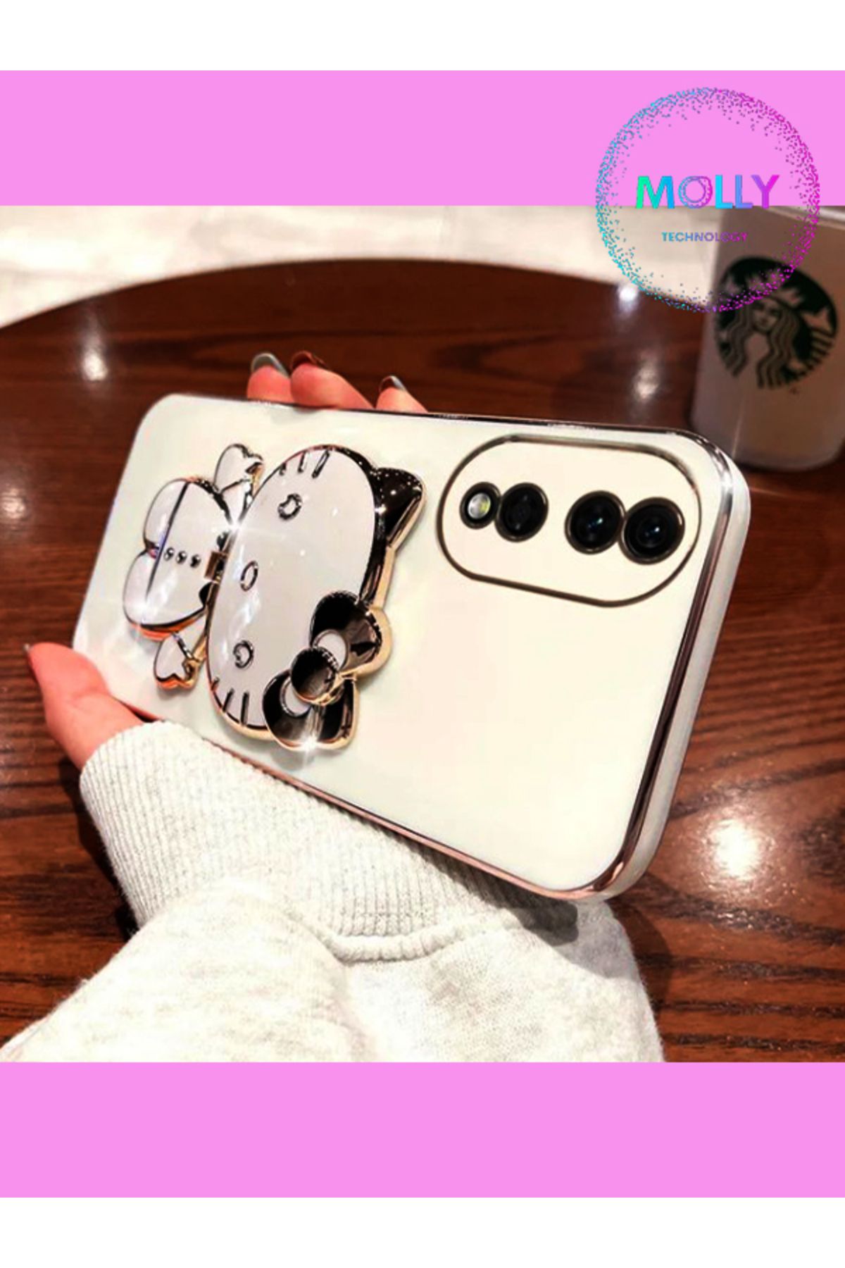 Molly Huawei HONOR 90 İçin İnci Beyazı Hello Kitty Standlı Kenarları Gold Detaylı Lüks Silikon Kılıf