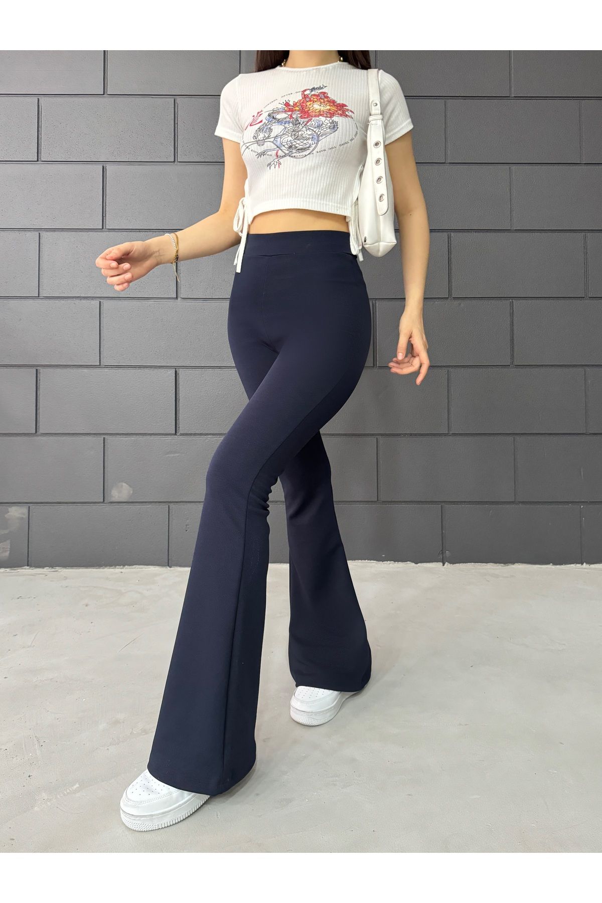 RuyaMood Kadın Lacivert İspanyol Paça Krep Yüksek Bel Likralı Toparlayıcı Tayt Pantolon