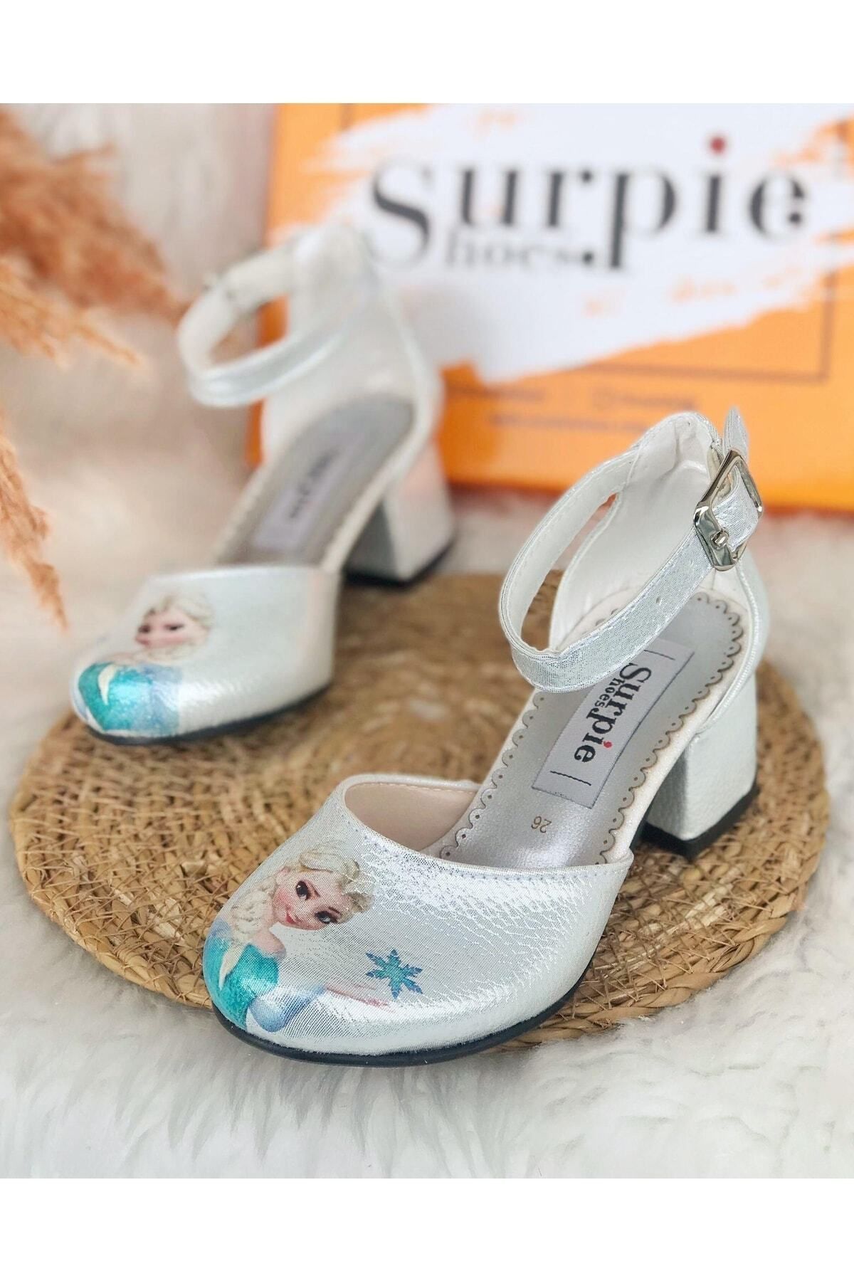 Surpie Shoes Elsa Desenlı Şeffaf Topuklu Ayakkabı, Çocuk Topuklu Ayakkabı