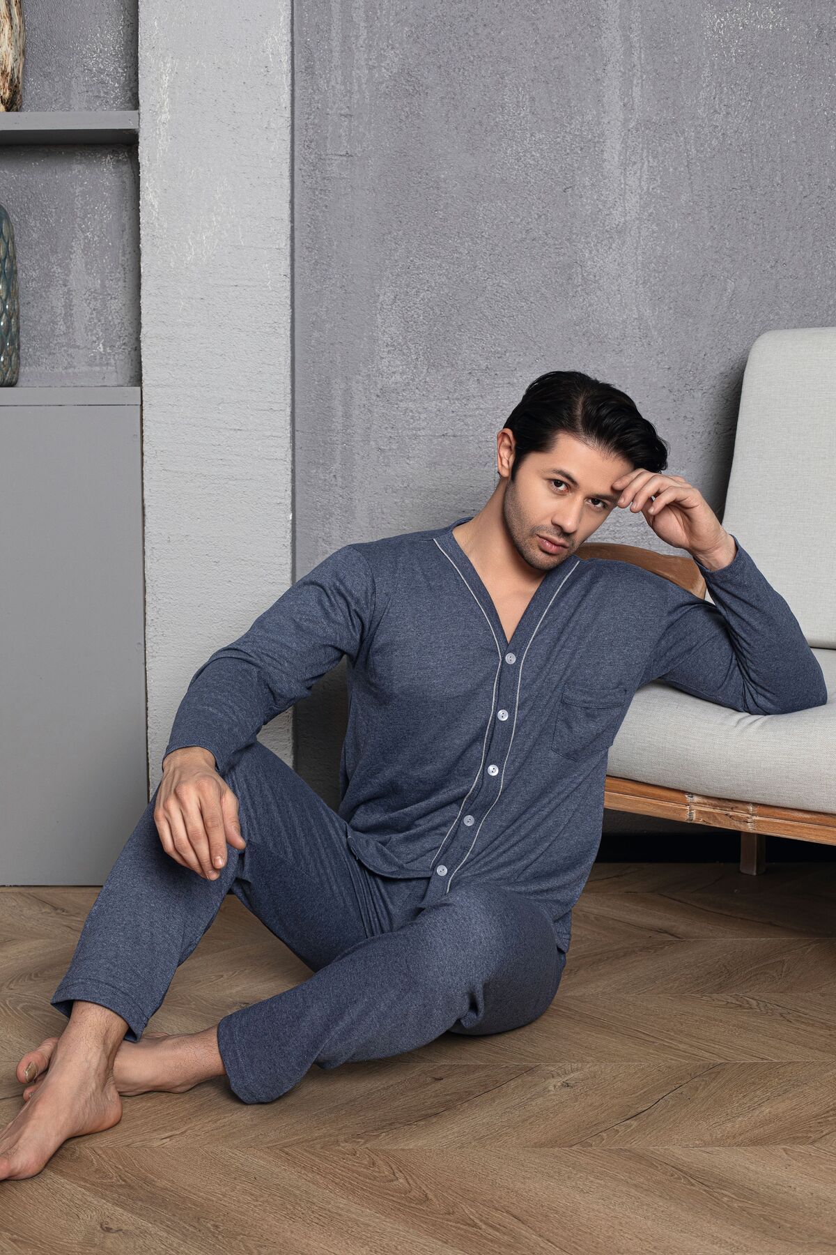 MİRELLA Erkek İndigo Mavi Uzun Kollu Örme Kumaş Penye Pijama Takımı