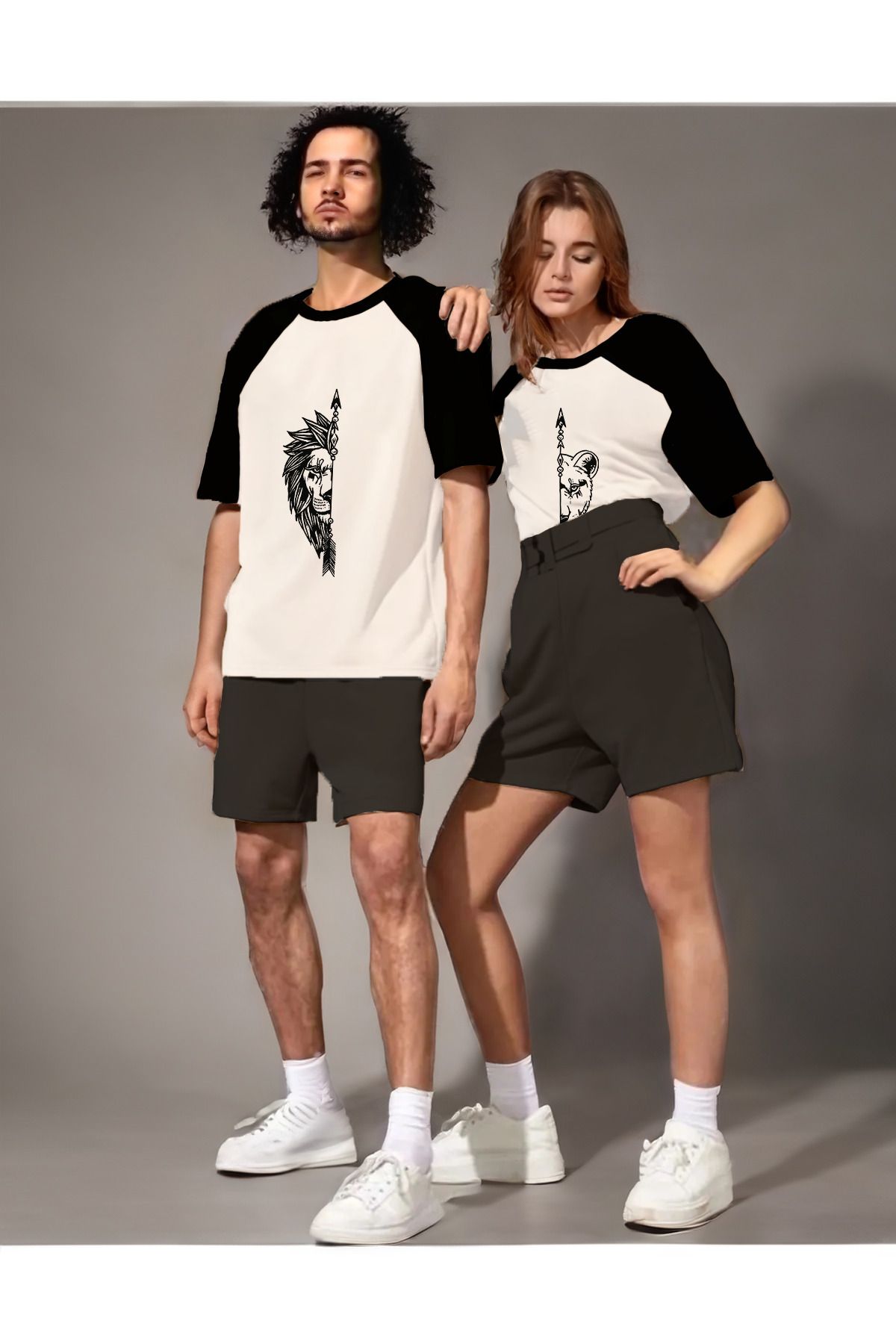 EVIus Yeni Sezon Sevgili Kombini Erkek Aslan Dişi Aslan Oversize Çift Renk T-Shirt