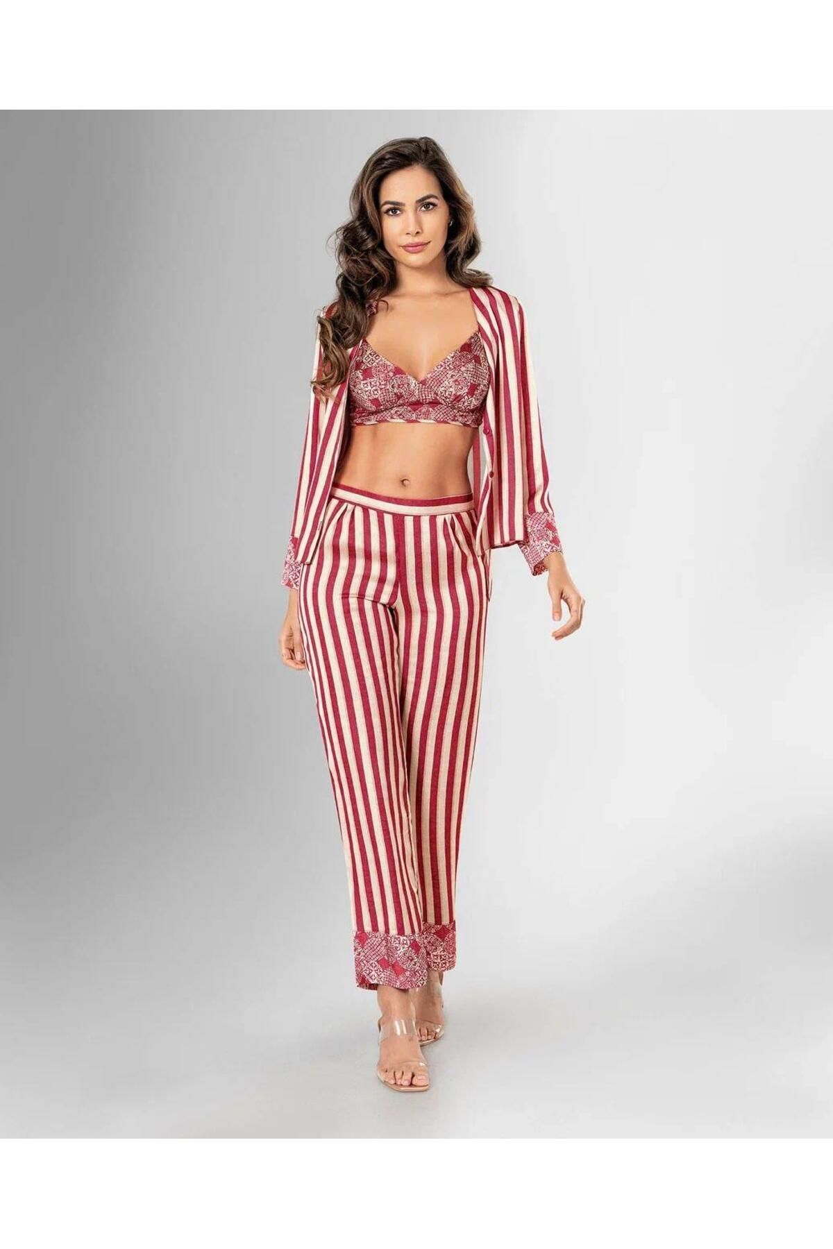 terra brunette boutique kırmızı saten sabahlıklı pijama takımı