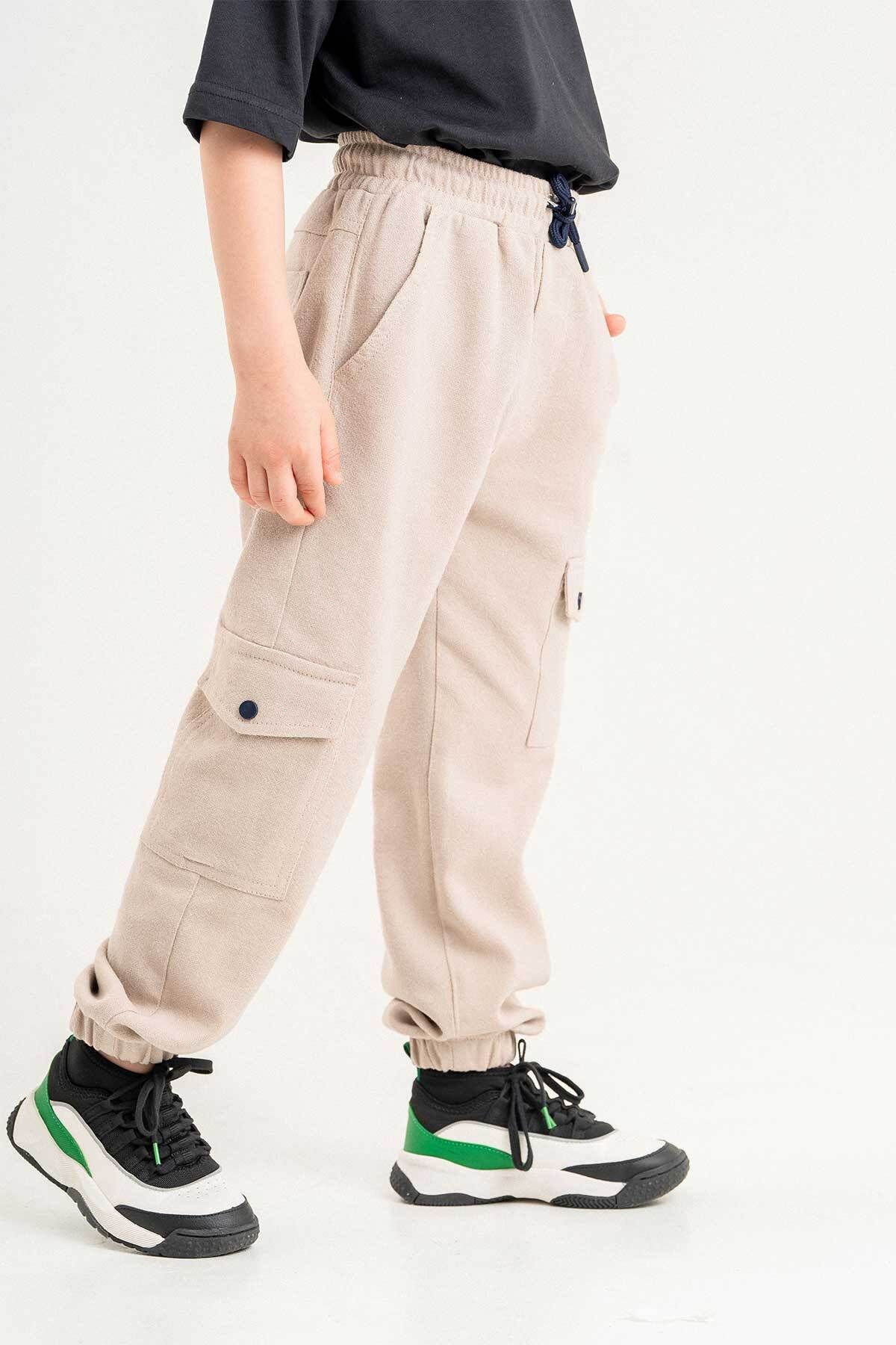 Gold Class Kidswear Çift Cepli Kordonlu Lastikli Bel ve Paça Keten Erkek Çocuk Pantolon