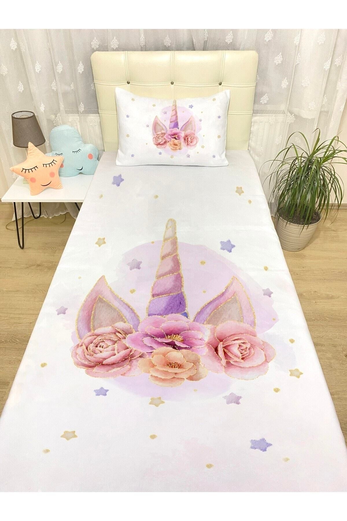 Rual Bebek& Çocuk OdasıAltın Güller Unicorn Taçı Desenli Yatak Örtüsü Ve Yastık Kılıfı