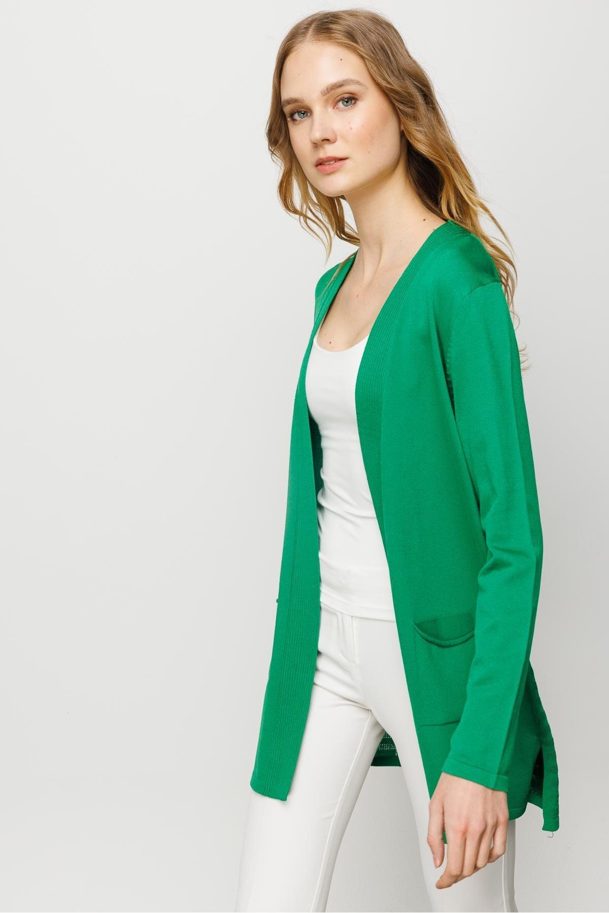 Desen Triko Kadın Cepli Arkası Desenli Uzun Yazlık Ceket Yeşil