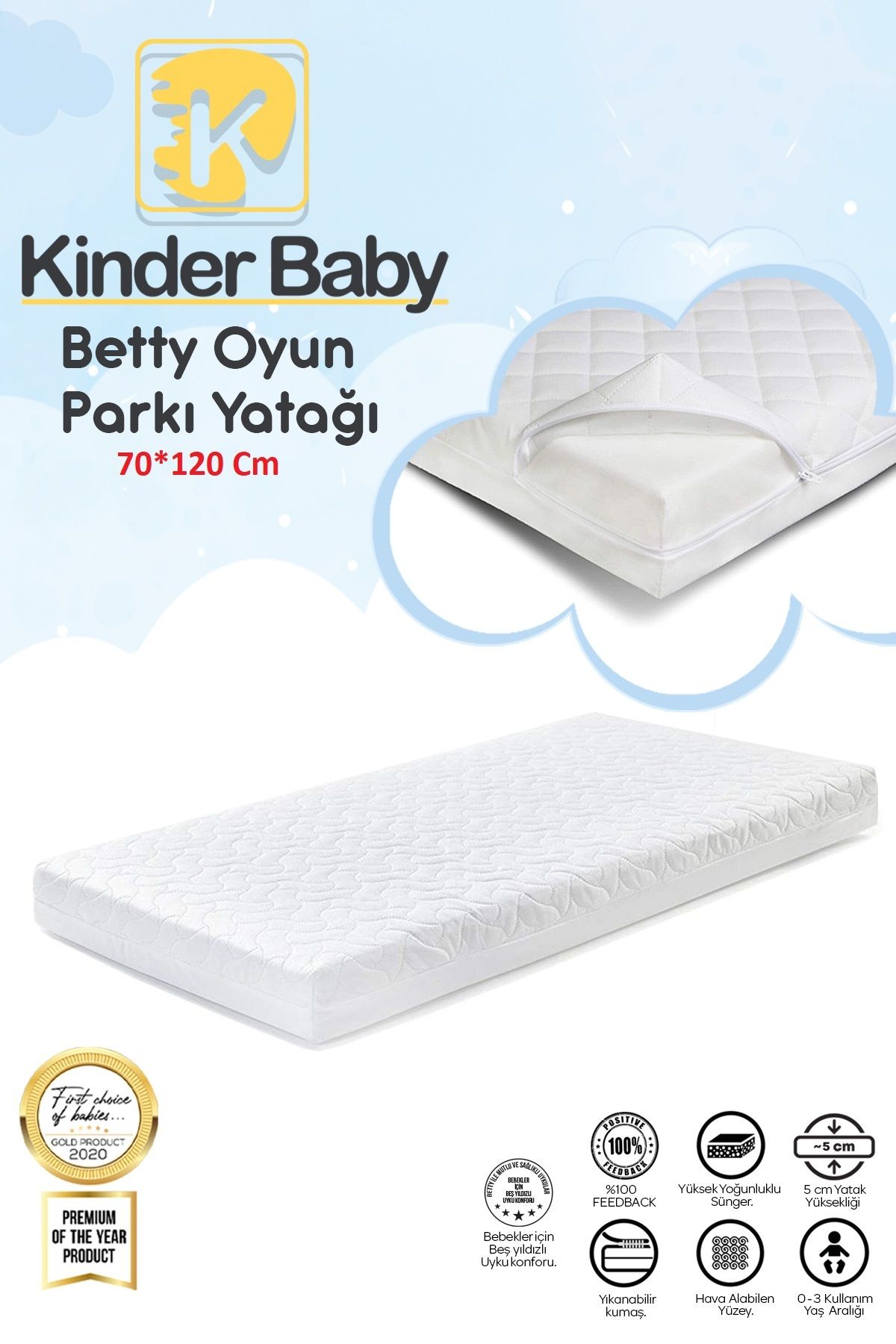 Kinder Baby Betty Yıkanabilir Kılıflı Pamuk Oyun Parkı Yatağı 70*120 Cm