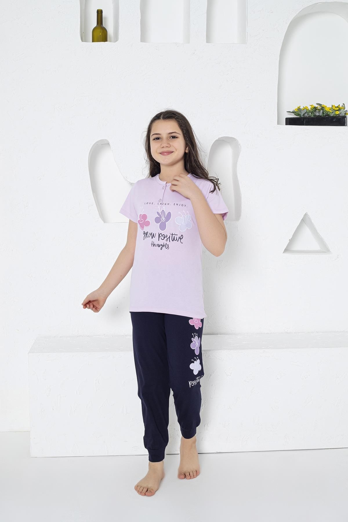 Estiva Kız Çocuk Çiçek Desenli Kısa Kollu Yazlık Pijama Takımı