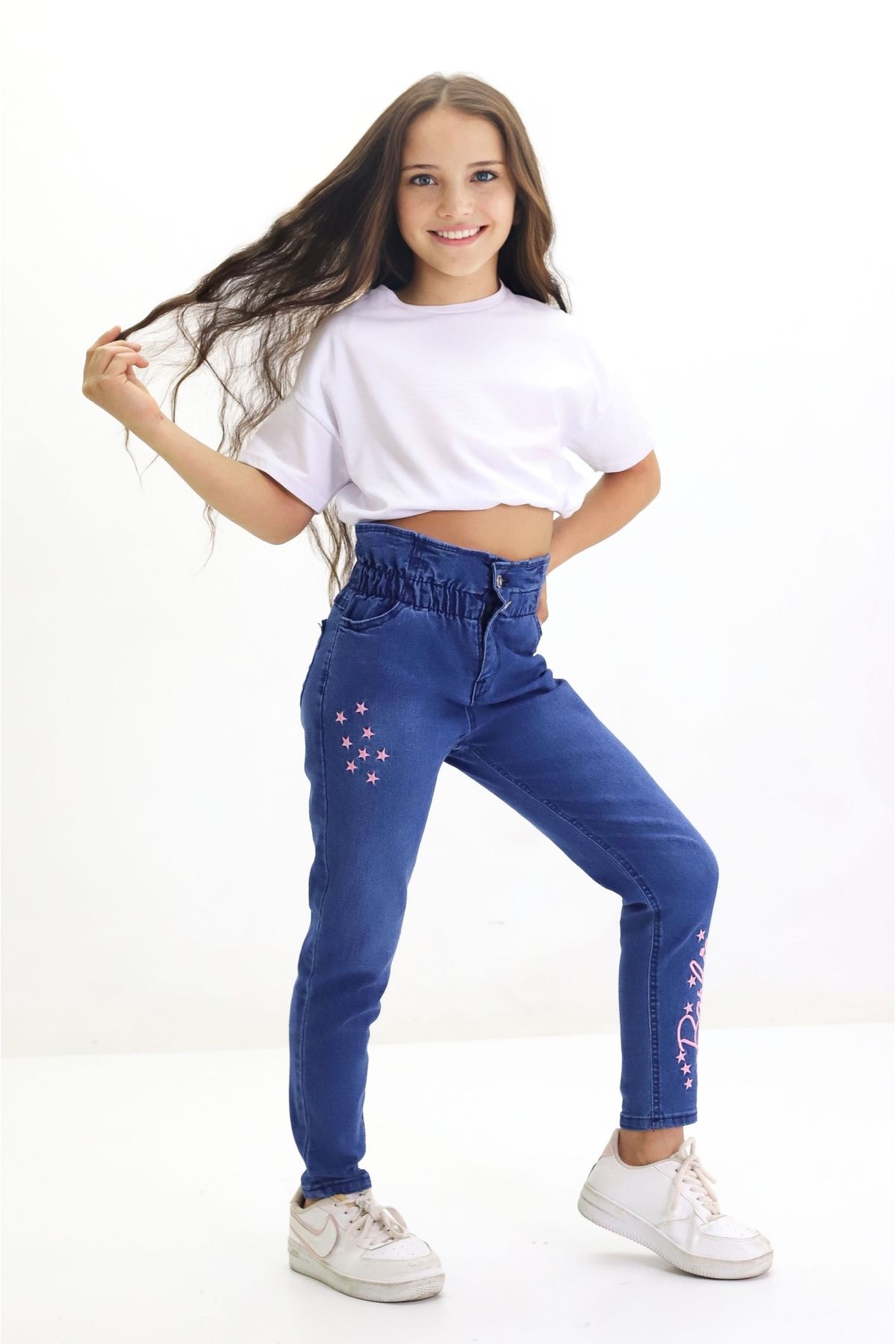 GZT TEKSTİL Kız Çocuk Likralı Pamuklu Kot Jeans Pantolon Nakış İşlemeli