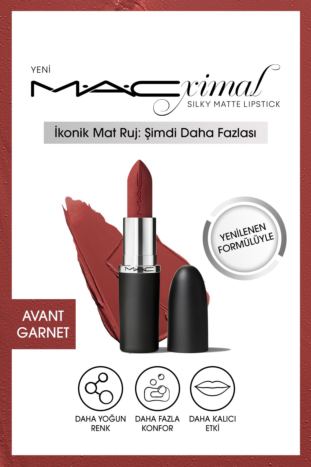 Mac M·A·CXIMAL Silky Matte Lipstick-Avant Garnet-Yoğun Renk Sağlayan Nemlendirme Etkili Ruj 3.5 g