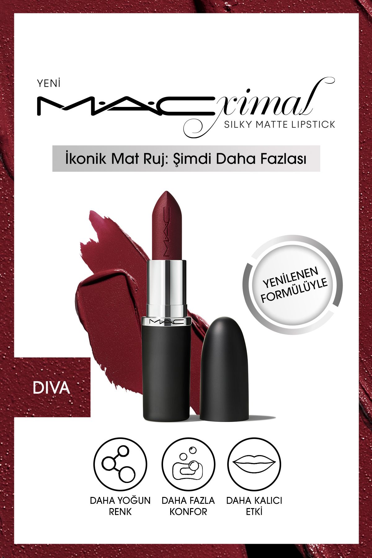 Mac YENİ Kalıcı - Diva - M·A·CXIMAL Silky Matte Lipstick Nemlendirme Etkili Ruj 3,5 g