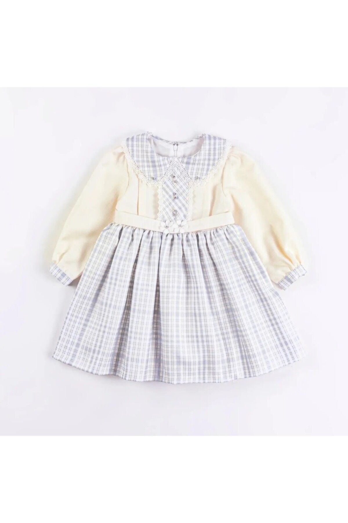 DIDuStore Kız Çocuk Dantel Yaka Detaylı Kareli Bebek Elbisesi
