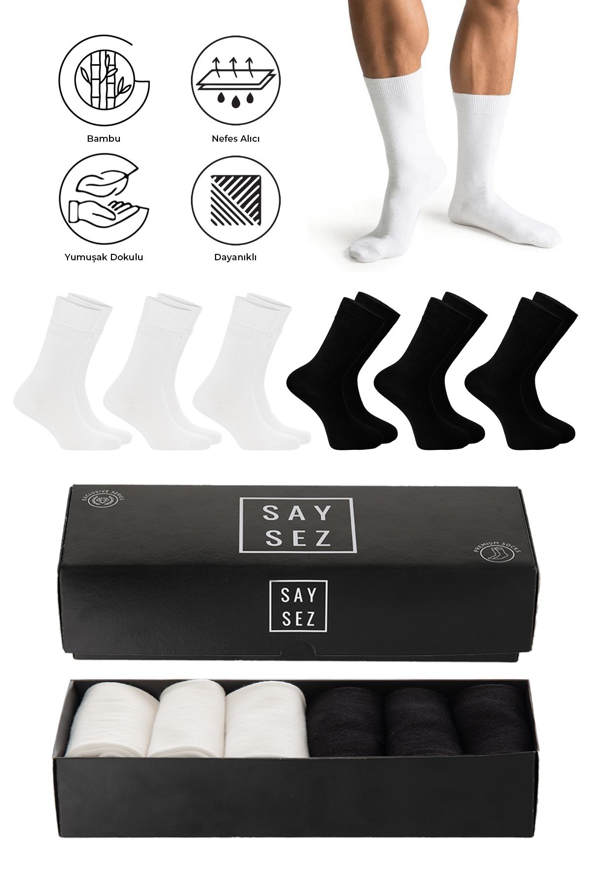 SAYSEZ Bambu Erkek Soket Uzun Düz Siyah-Beyaz Asorti Çorap Dikişsiz Premium Kutulu 6'lı