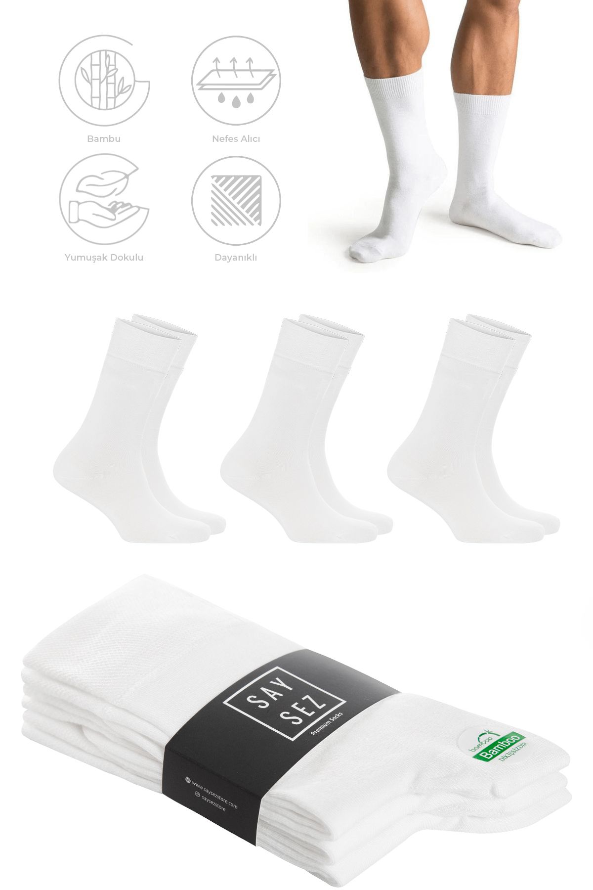 SAYSEZ Bambu Erkek Soket Uzun Düz Beyaz Renk Çorap Dikişsiz Premium Paket 3'lü / Yıkamalı Kokulu Soft Çorap