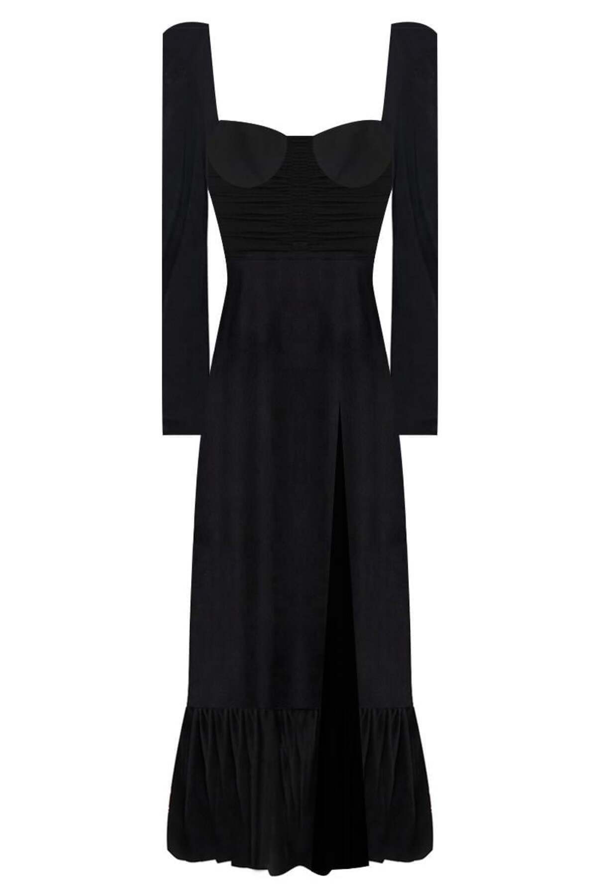 Muun Barbara Siyah Uzun Kol Midi Elbise