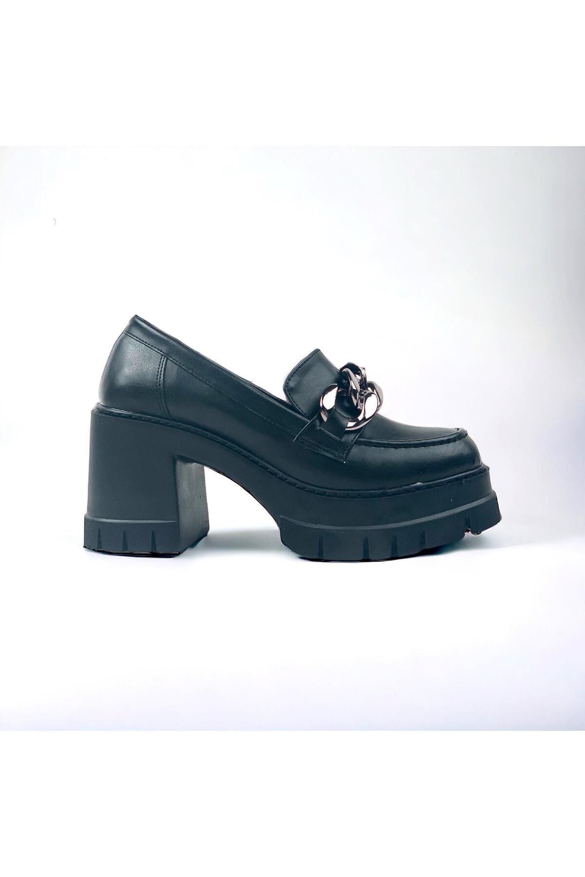 bescobel Kadın Konsa Siyah Yüksek Topuklu Leofer Ayakkabı