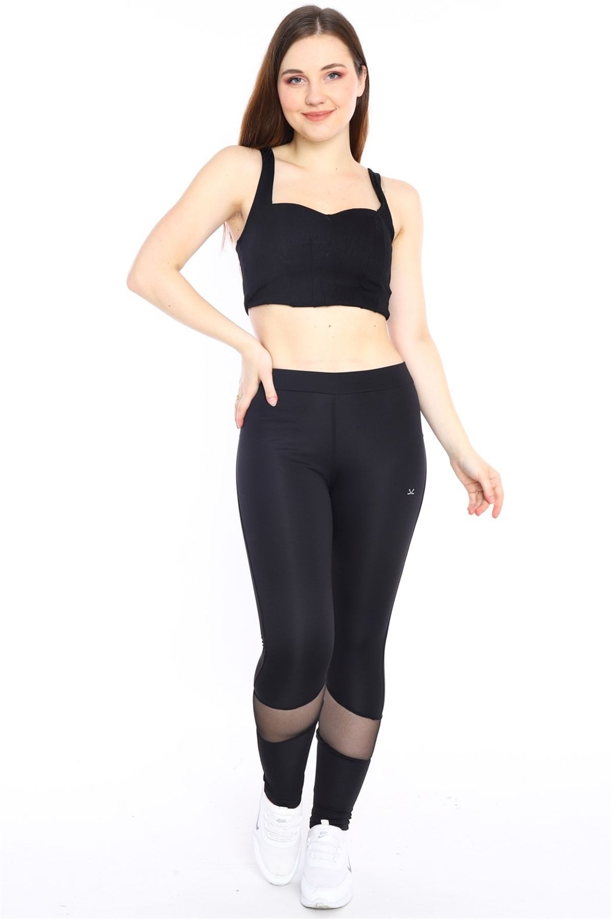 Escetic Siyah Kadın Polyester Normal Bel Diz Altı Transparan Detay Spor Tayt 0351