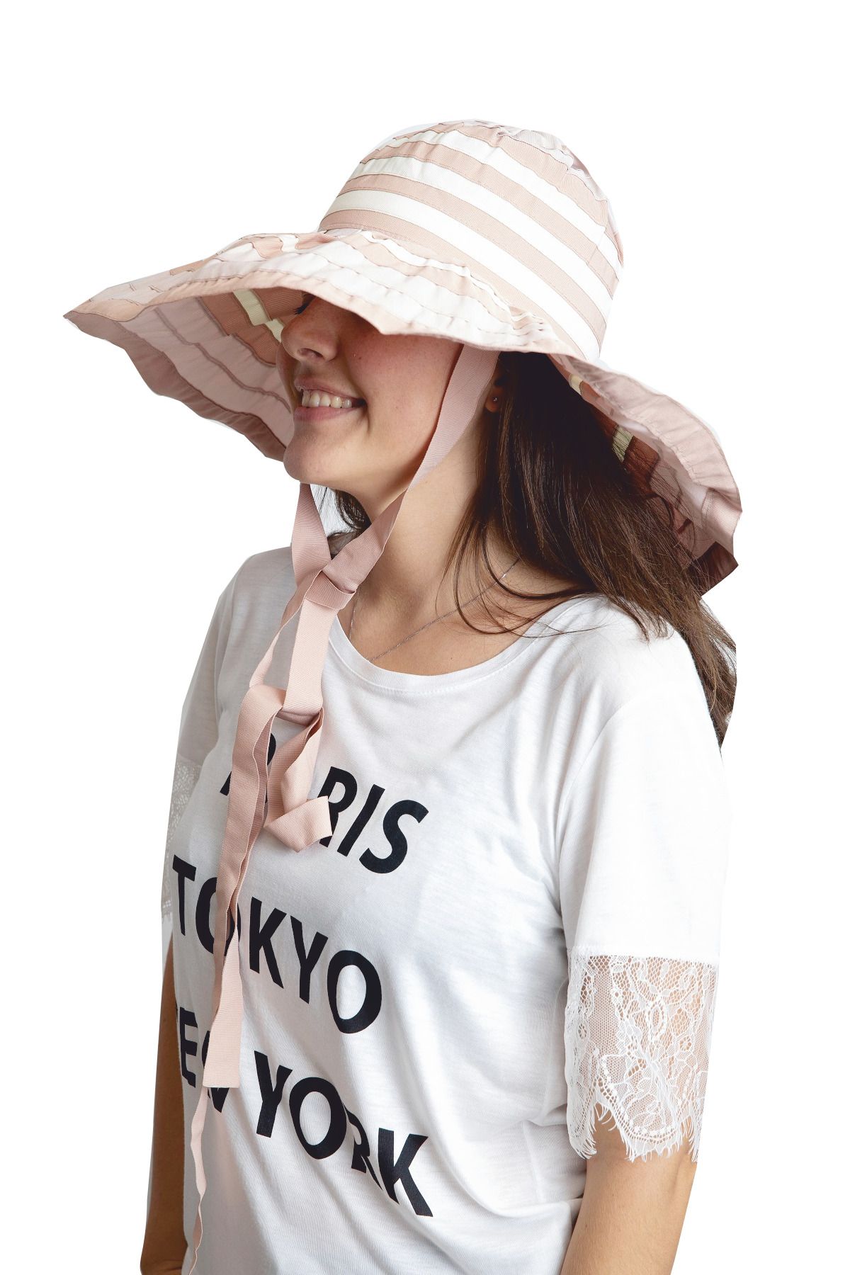 Bay Şapkacı - Yazlık Kadın Geniş Kenarlı Şeritli Şapka 5377 Pudra