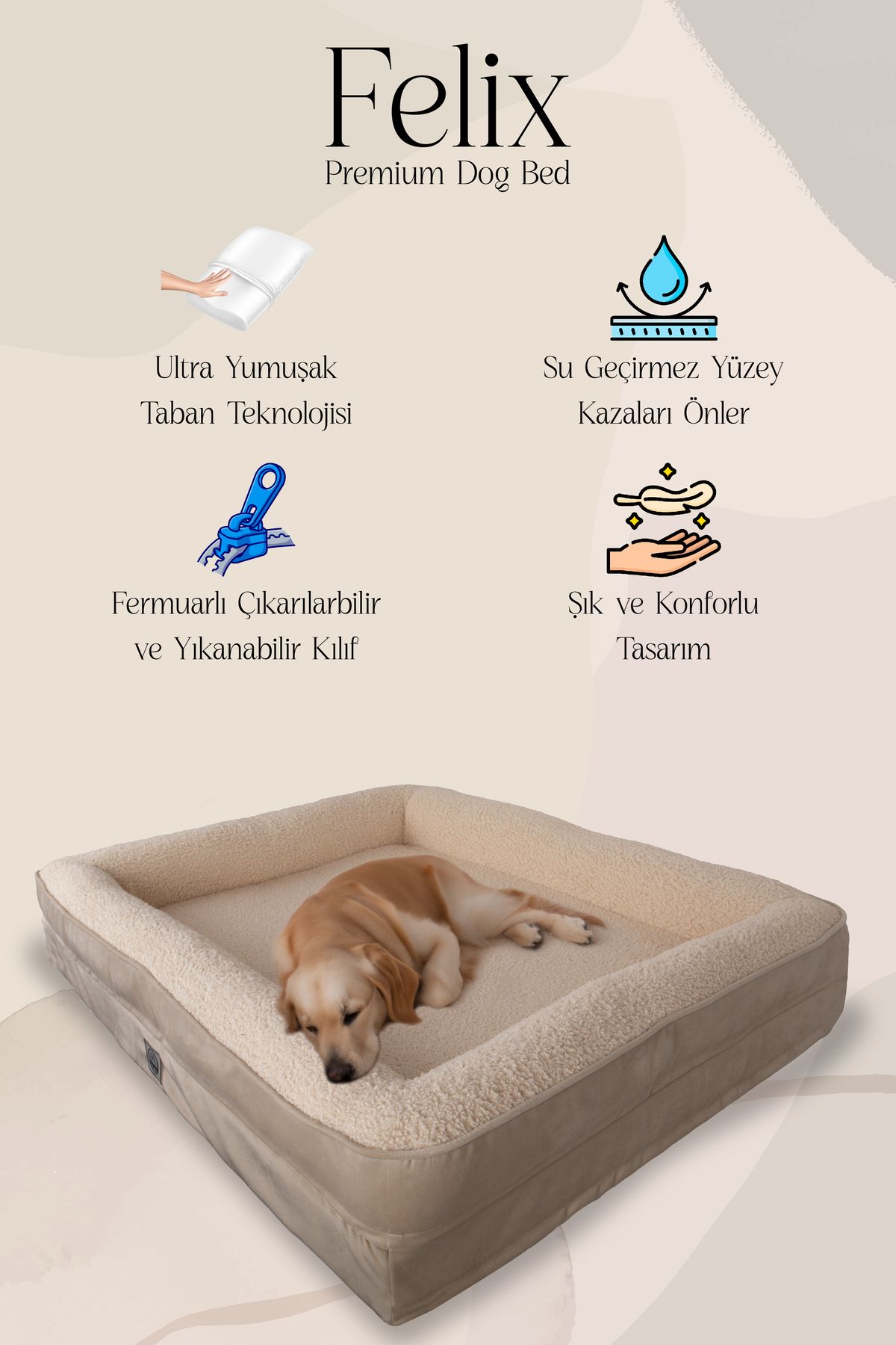 Jungolica Pet Products Felix, Visco Süngerli, Ultra Yumuşak, %100 Su Geçirmez Alezli, Konforlu Kedi Ve Köpek Yatağı