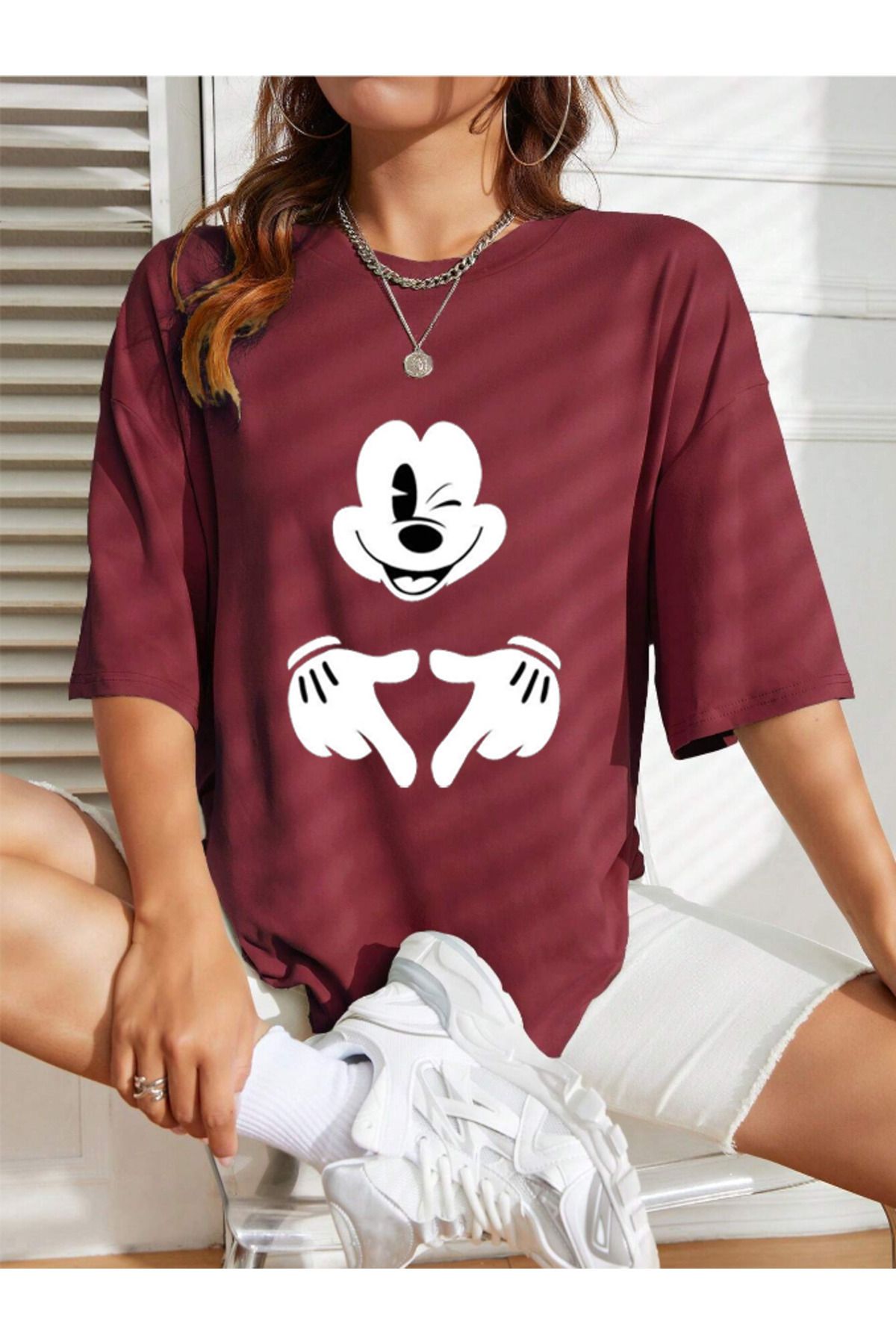 Revasser Unisex Kadın/Erkek Mickey Mouse Renkli Özel Baskılı Oversize Pamuk Penye T-Shirt