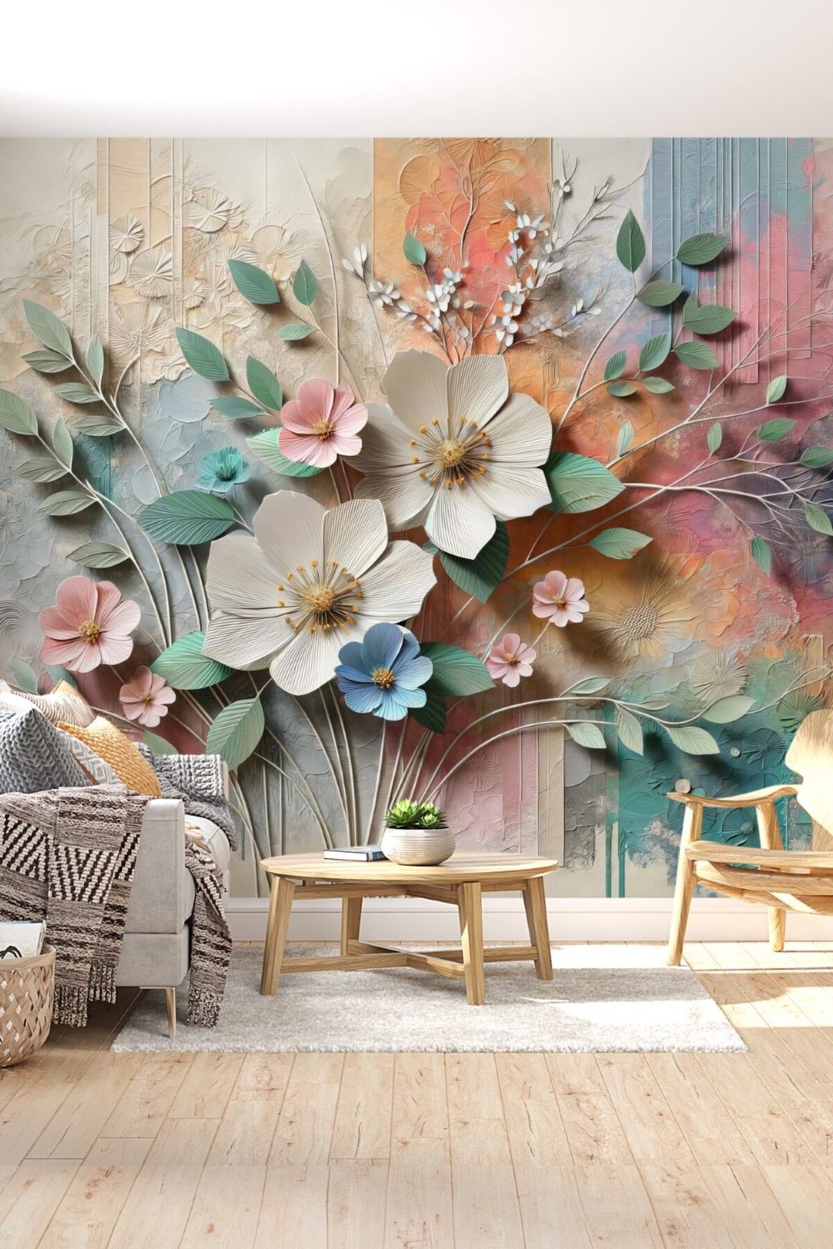 FX WallCoverings Soyut Bahçe: Sanatsal Çiçek Freski ile 3D Duvar Kağıdı