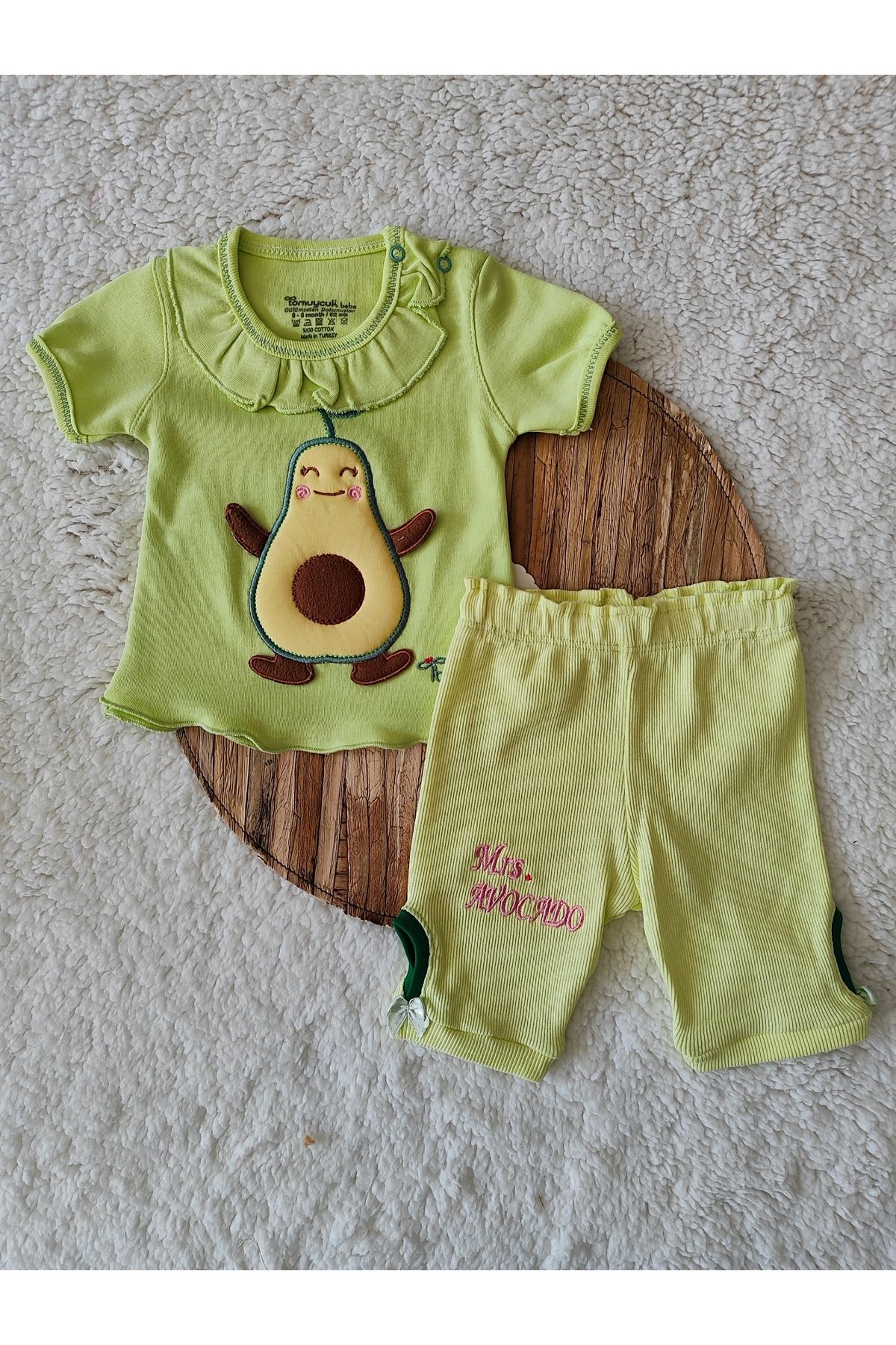 Tomuycuk 2'li Bebek Çocuk Takım Yeşil Kız Yazlık Avokado Nakış 3-6-9-12 Bebek Takımları Kıyafetleri Giysileri