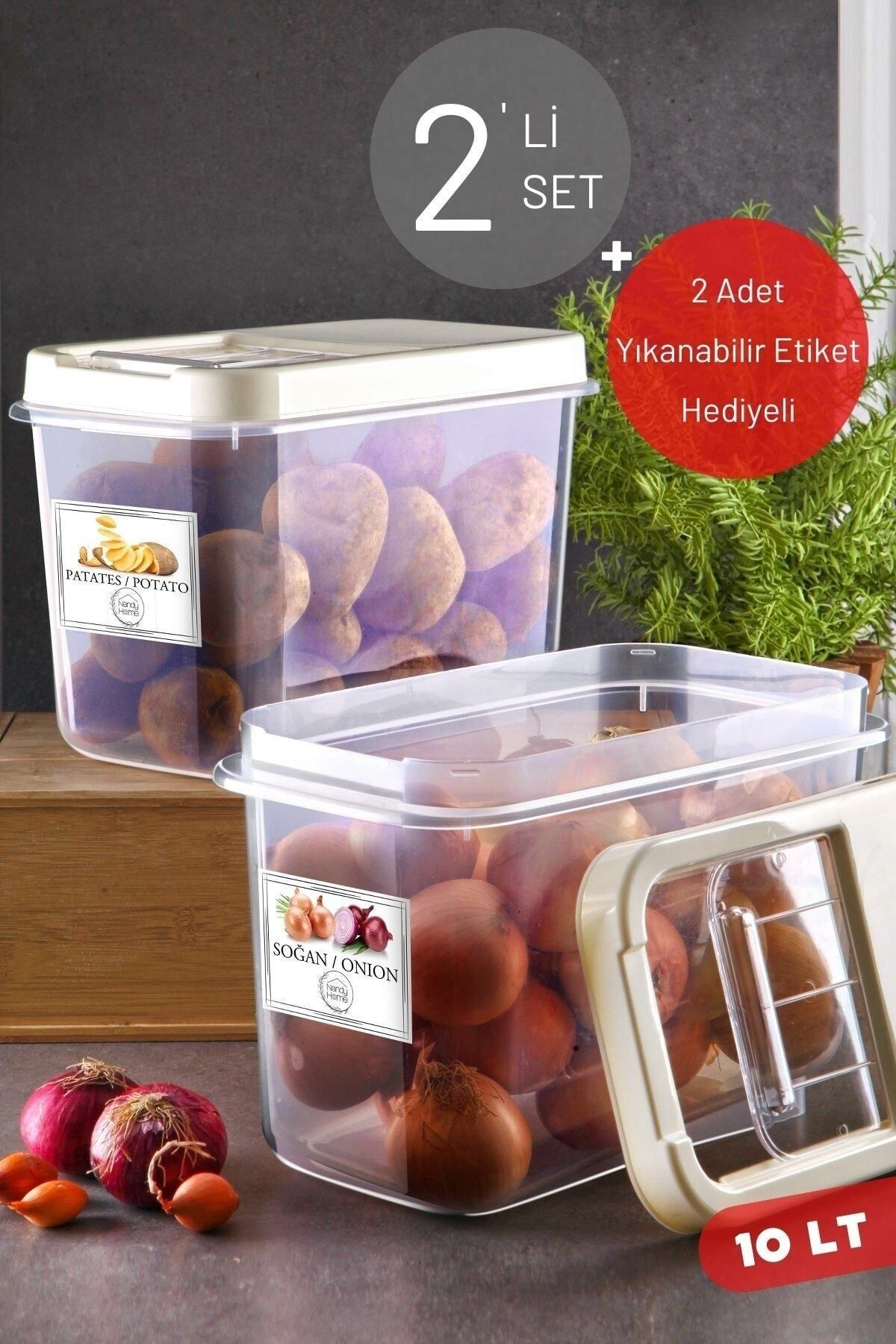 Nandy Home 2'li Set 10 Lt Kolay Kayar Kapaklı Etiketli Multibox Patates & Soğan Saklama Kabı