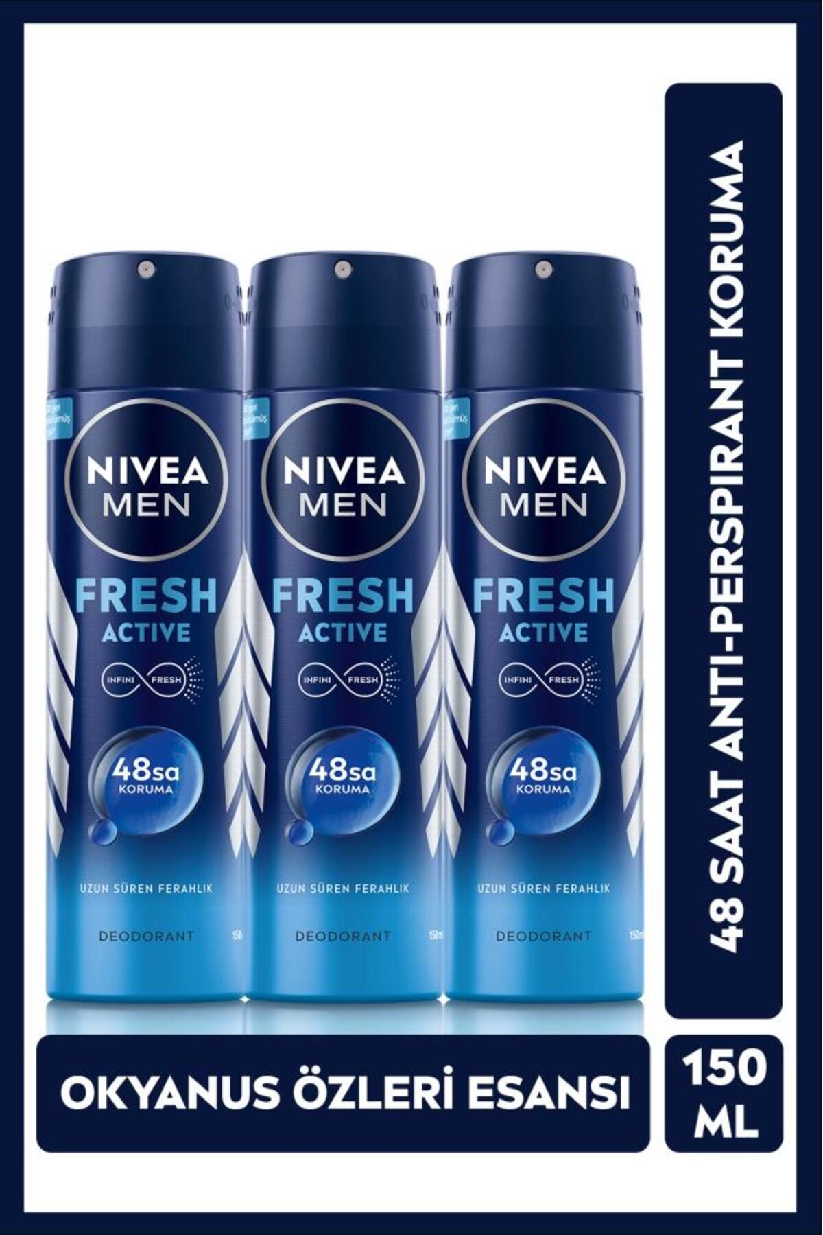 NIVEA MEN Erkek Sprey Deodorant Fresh Active, 48 Saat Koruma, 150ml x3 Adet