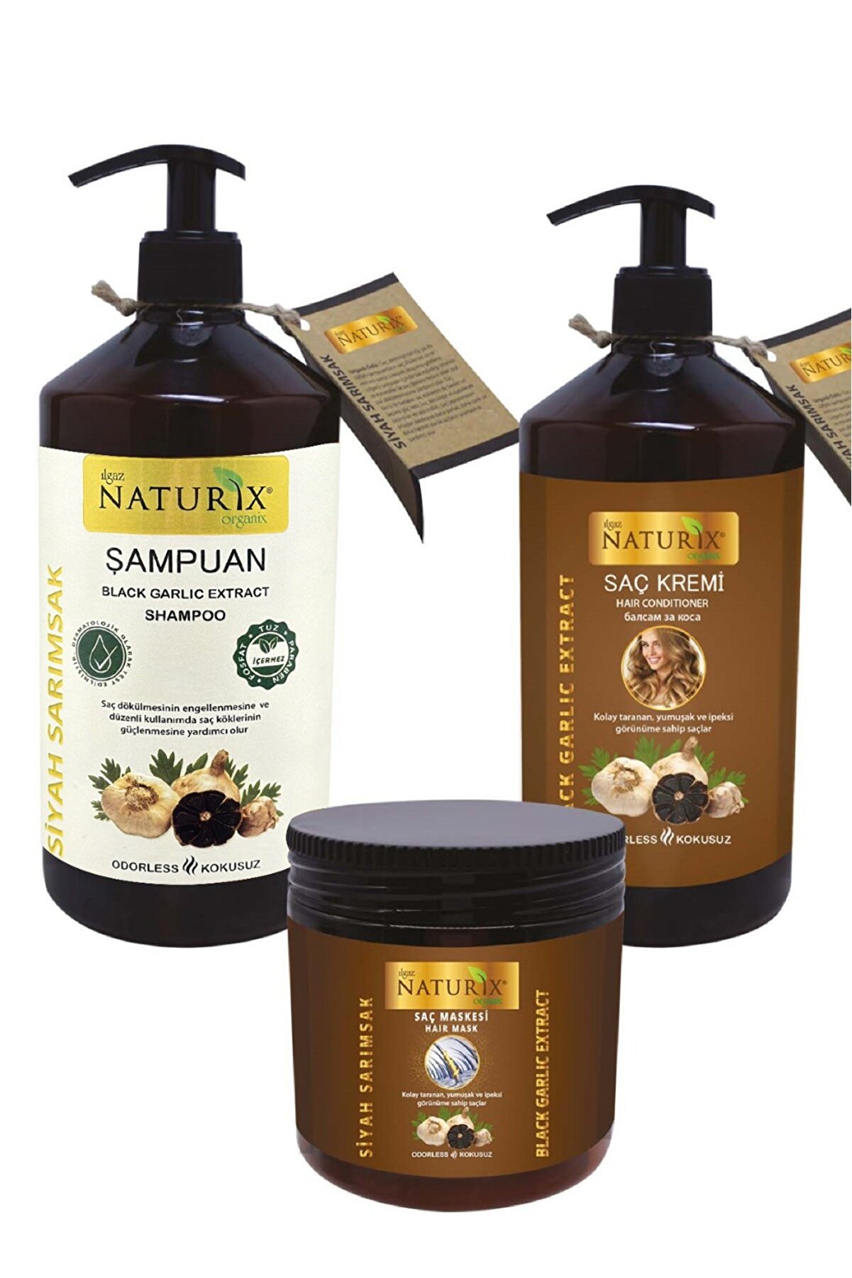 Naturix Tuzsuz Set Saç Dökülmesine Karşı Organik Siyah Sarımsak Şampuan + Saç Kremi + Saç Maskesi 3'lü