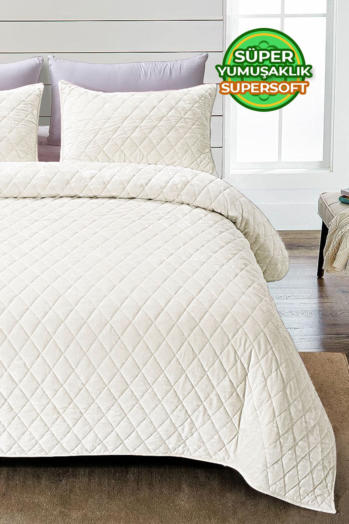 Evlen Home Collection Kapitone Kadife Yatak Örtüsü Seti Tek Kişilik Supersoft 2 Parça Yumuşak Elyaf Dolgulu Çeyizlik Krem