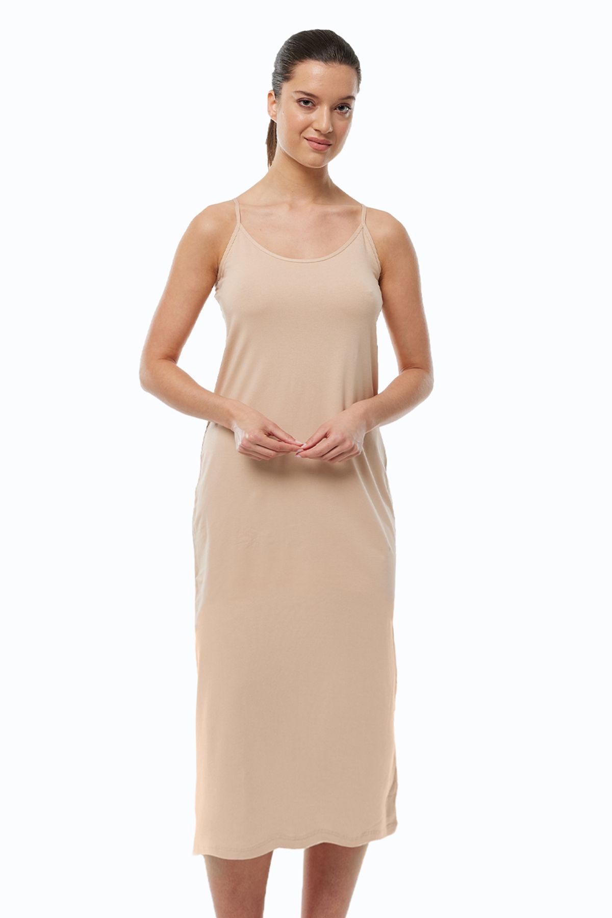 Malabadi Kadın Ten Ayarlanabilir İp Askılı Uzun Geniş Elbise Astarı Modal Kombinezon 1080
