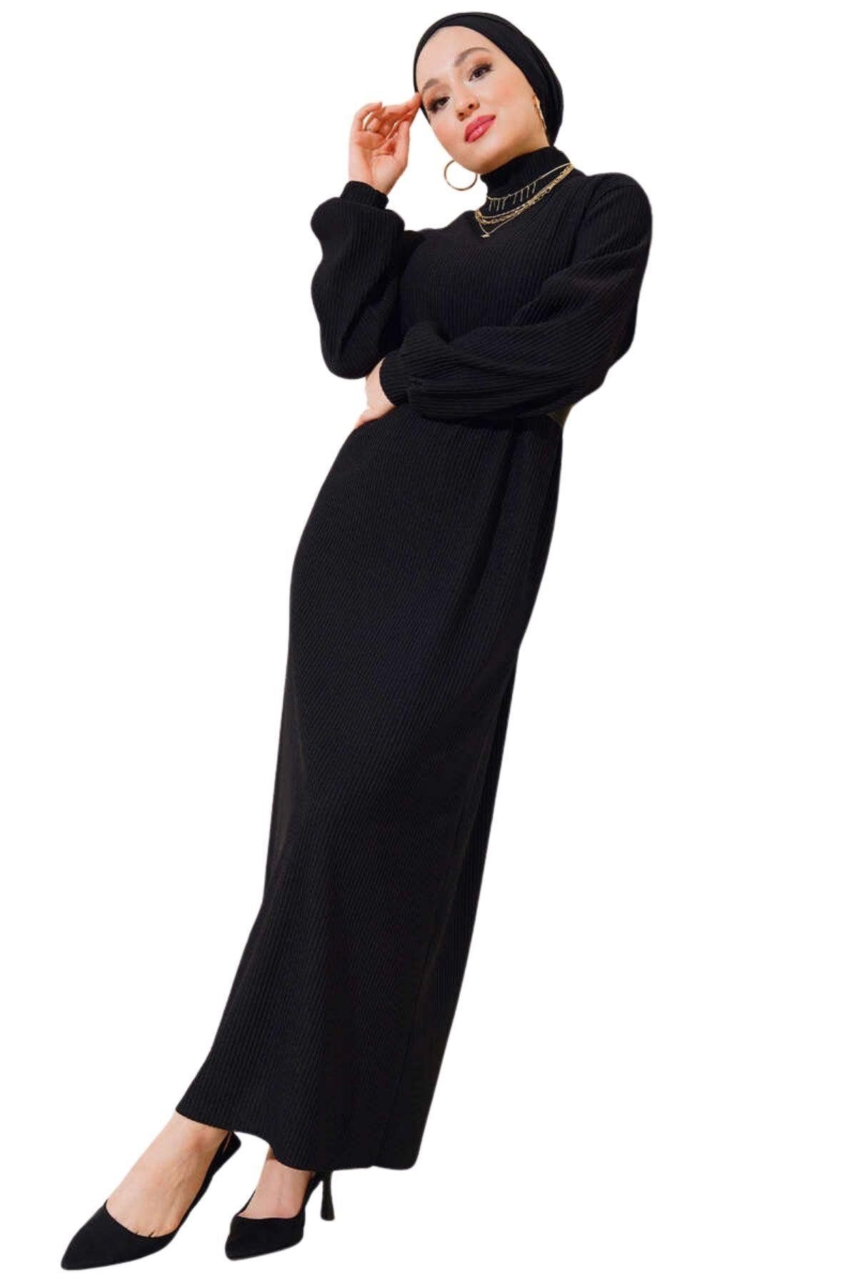 butikburuç Kadın Siyah Dik Yaka Fitilli Kemerli Elbise