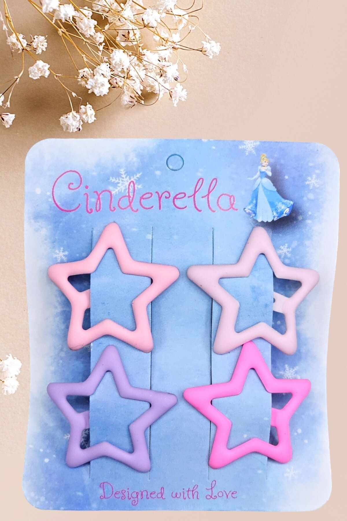 Cinderella 4'lü Mat Pembe Tonlu Yıldız Çıt Çıt Toka Seti - Yıldızlı Çıtçıt Toka - Y2k Star Yıldız Toka