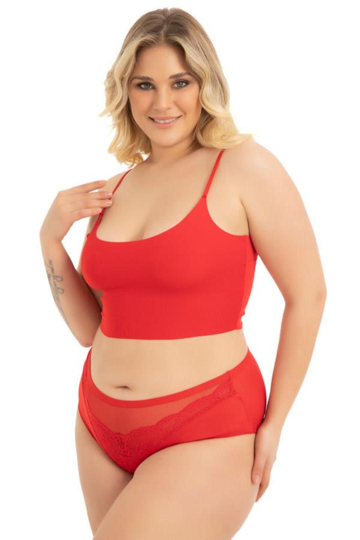 Cottonhill Kırmızı Transparan Tüllü Dantel Detaylı Beli Lastikli Büyük Beden Kadın Bikini Külot