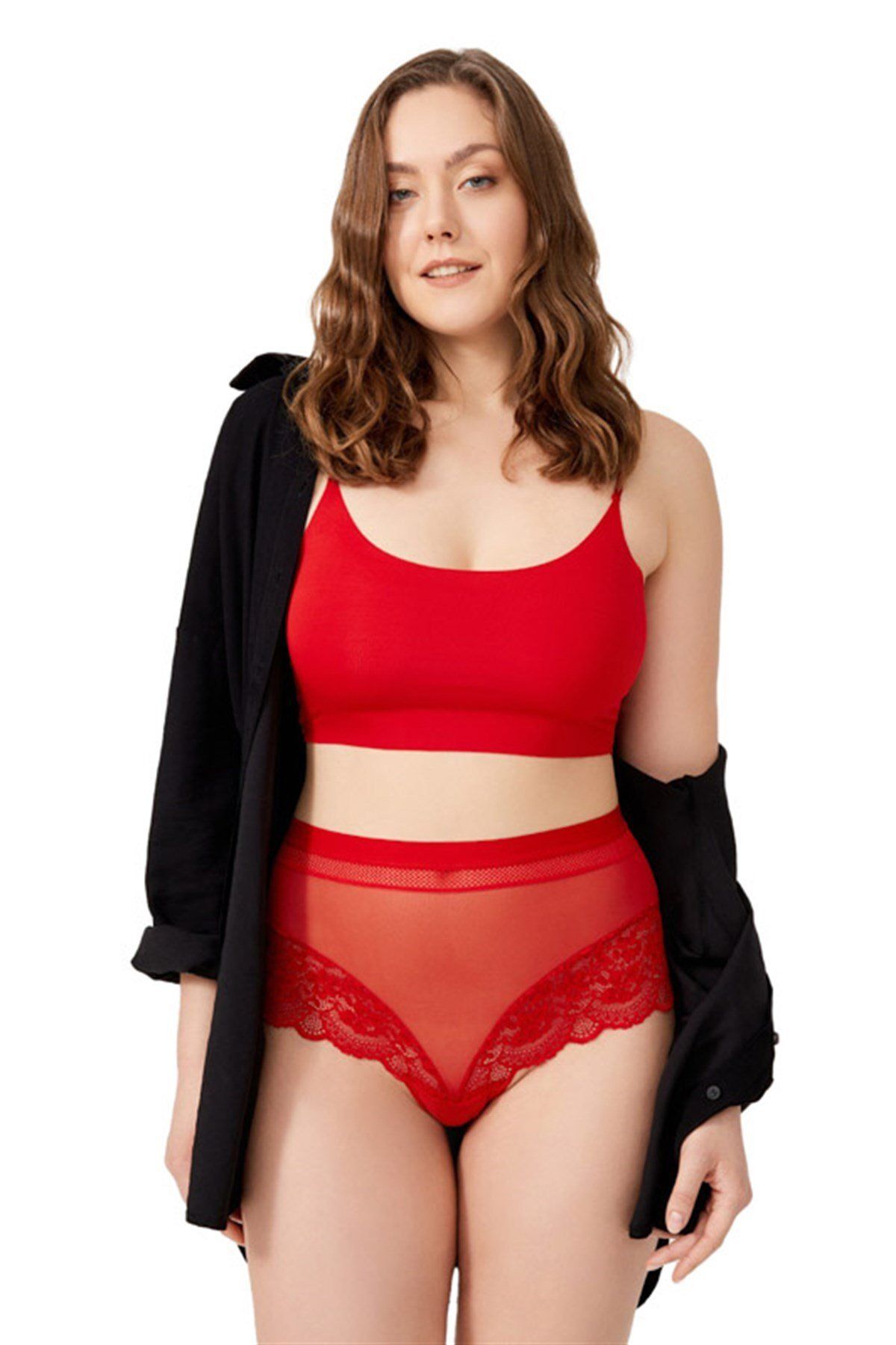 Cottonhill Kırmızı Dantel Detaylı Transparan Büyük Beden Bikini Külot