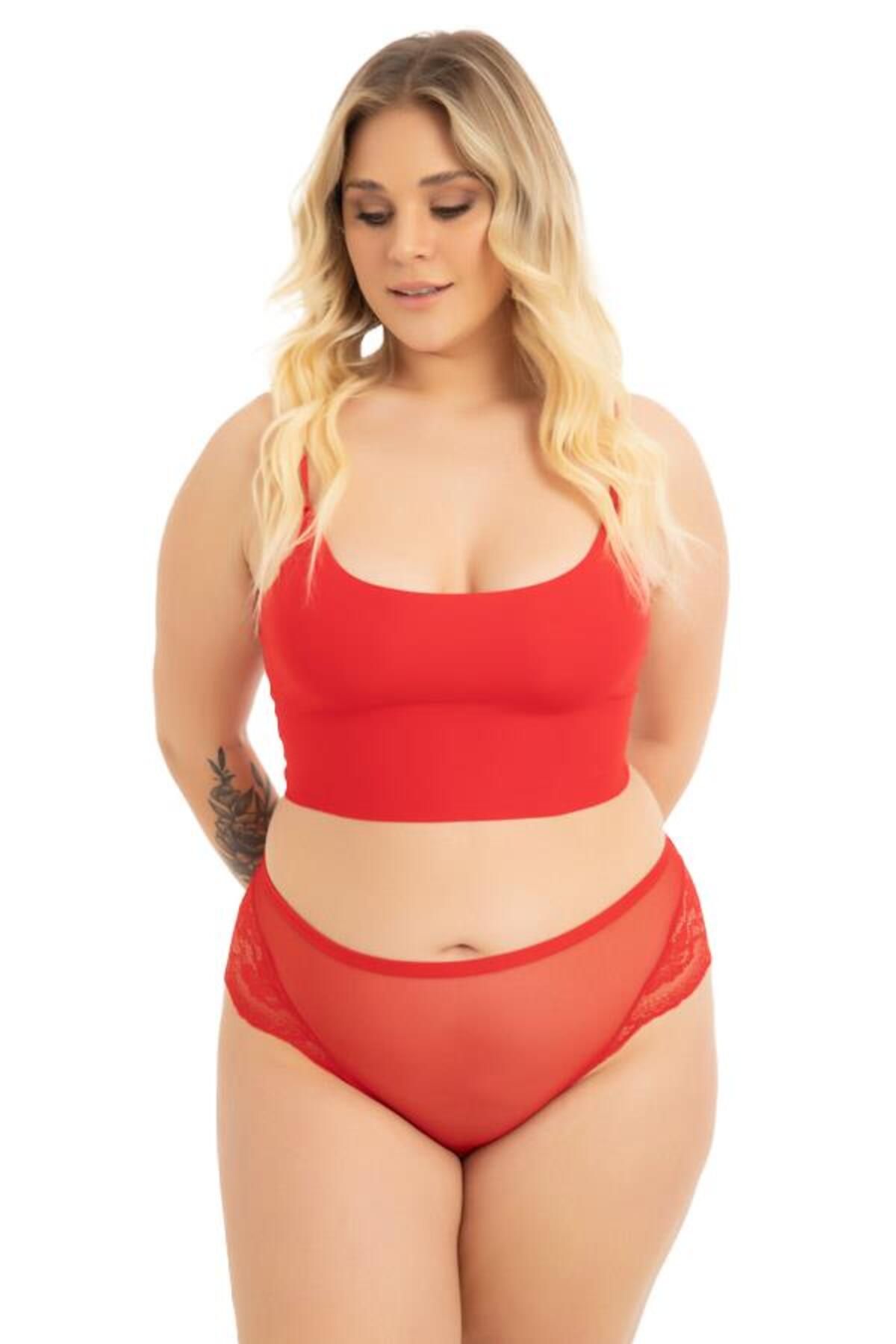 Cottonhill Kırmızı Transparan Tüllü Dantel ve Taş Detaylı Büyük Beden Kadın Bikini Külot