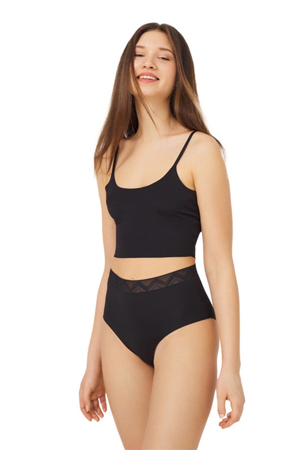 Cottonhill Siyah Desenli Lastikli Yüksek Bel Lazer Kesim Bikini Külot