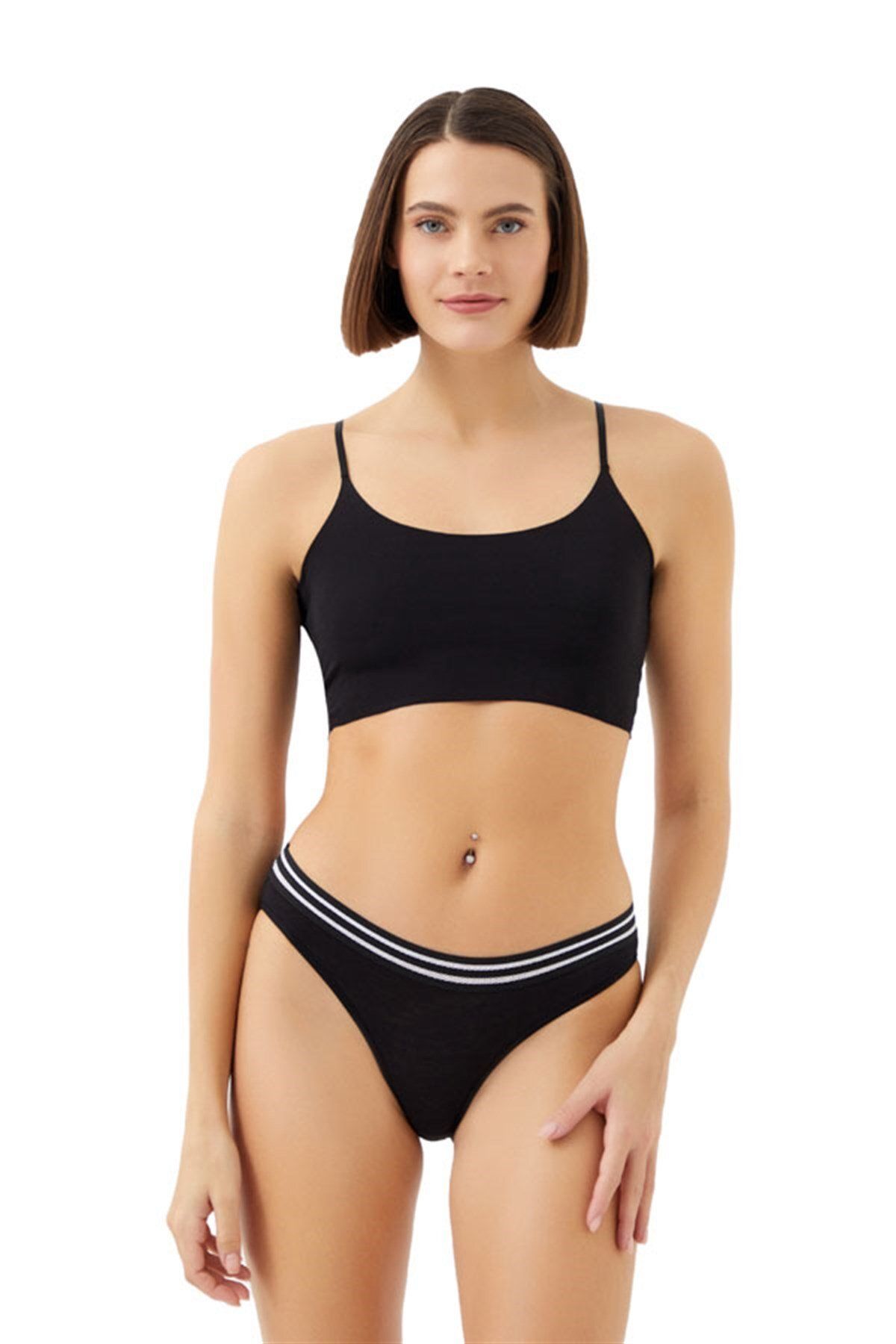 Cottonhill Siyah Spor Basic Şerit Lastikli Pamuk Kadın Bikini Külot