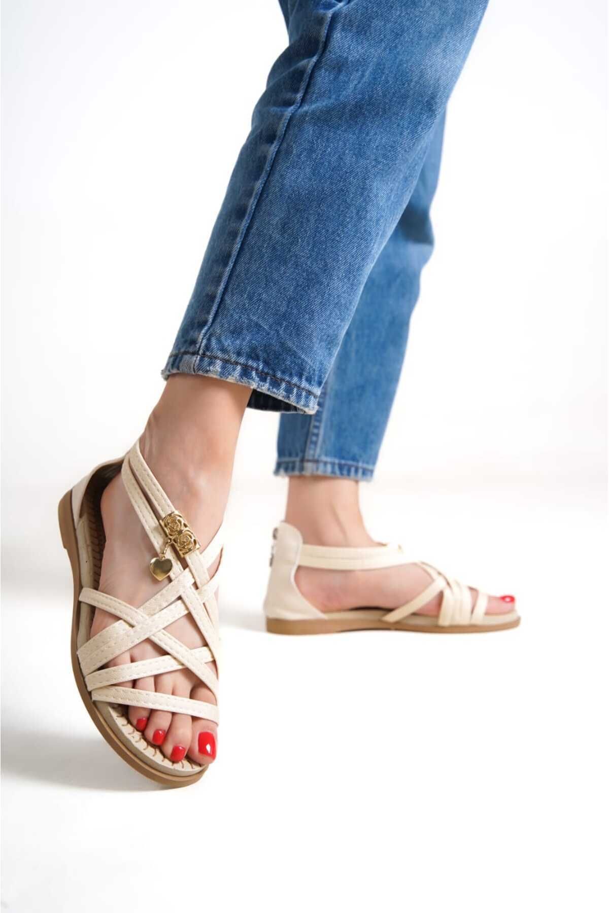 Nubbock Kadın Krem  Bilek Bağlamalı Sandalet Terlik Nk0468
