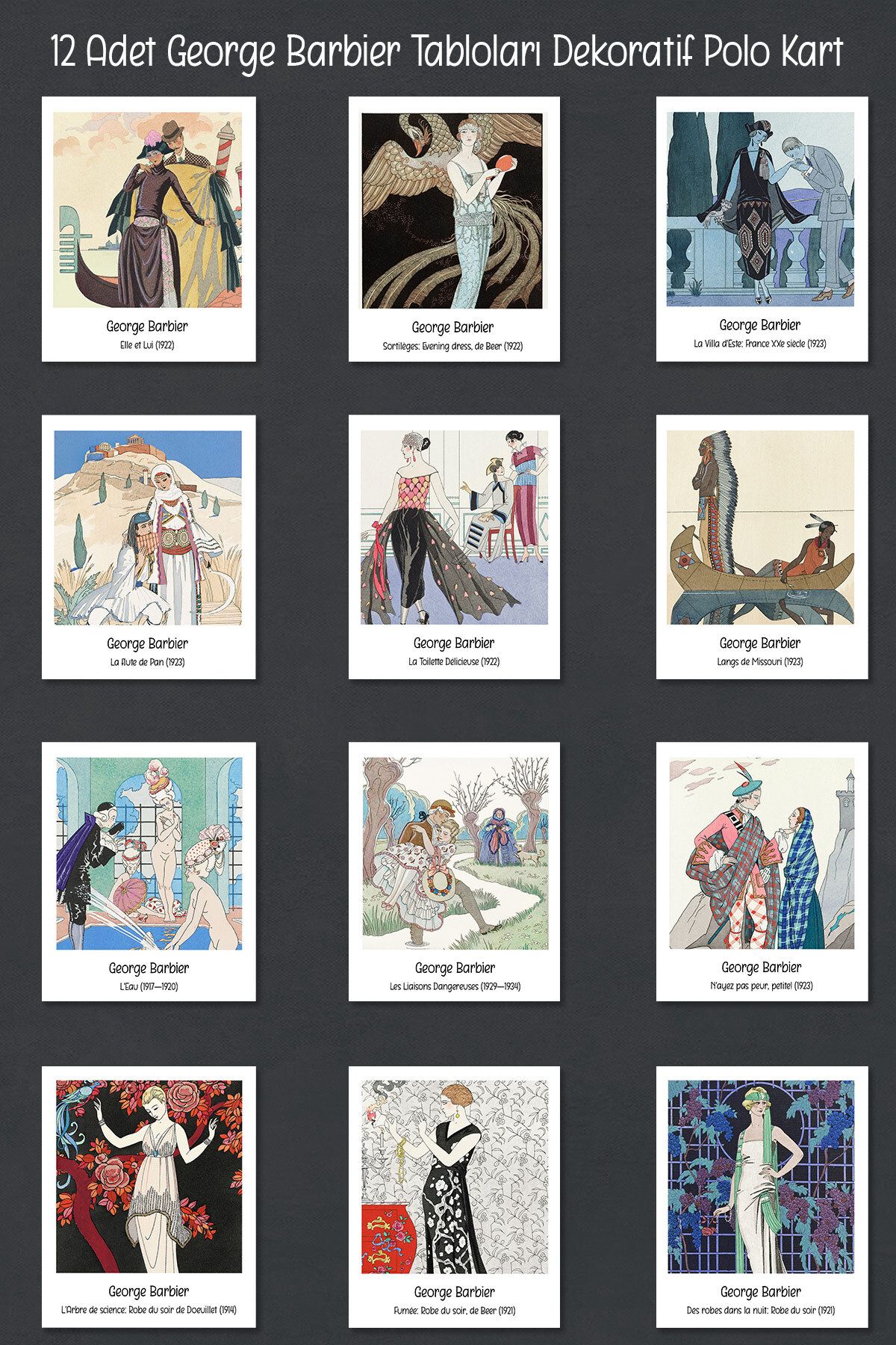 Runrux George Barbier Tabloları 12 Adet Dekoratif Polo Kart - Sanatsal Poster Kartları