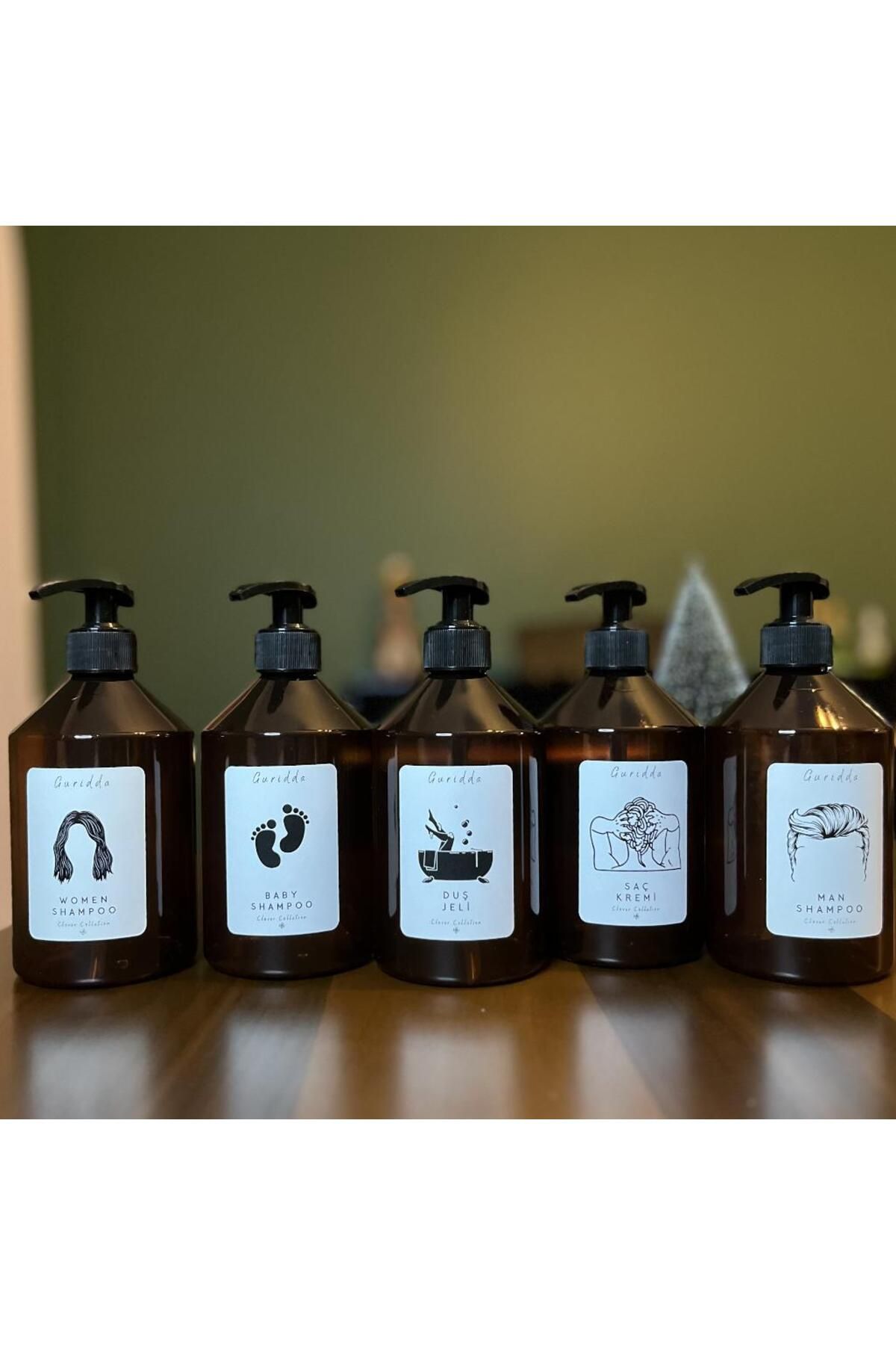 Guridda Home Design Erkek Şampuan Kadın Şampuan Bebek Şampuan  Duş Jeli Saç Kremi  Etiketli Plastik Amber Şişe 500ml